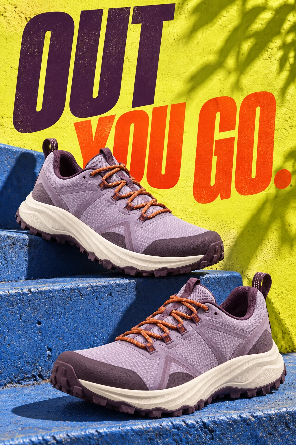 Lavender trail shoes with orange laces campaign, one shoe on cobalt concrete stair and second lower on step, directional flash and neon yellow wall