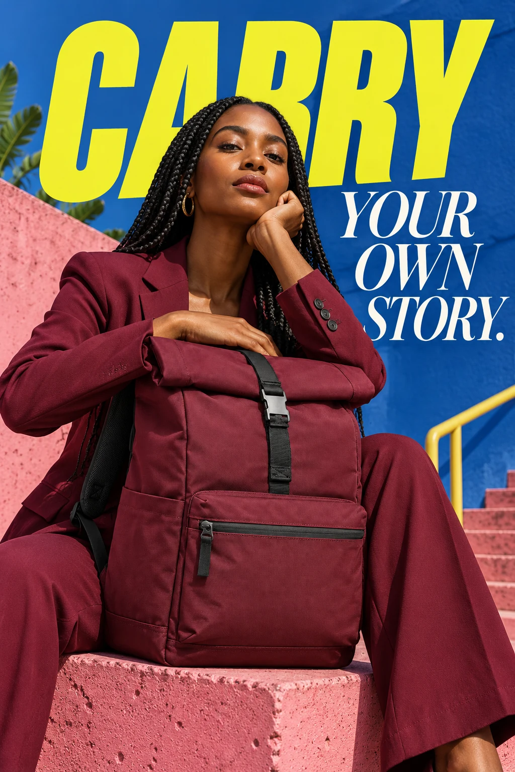 Burgundy rolltop backpack campaign, original adult dark-skinned woman with long braids in a burgundy tailored suit seated on a pink concrete ledge, bag on her lap, full face and bag