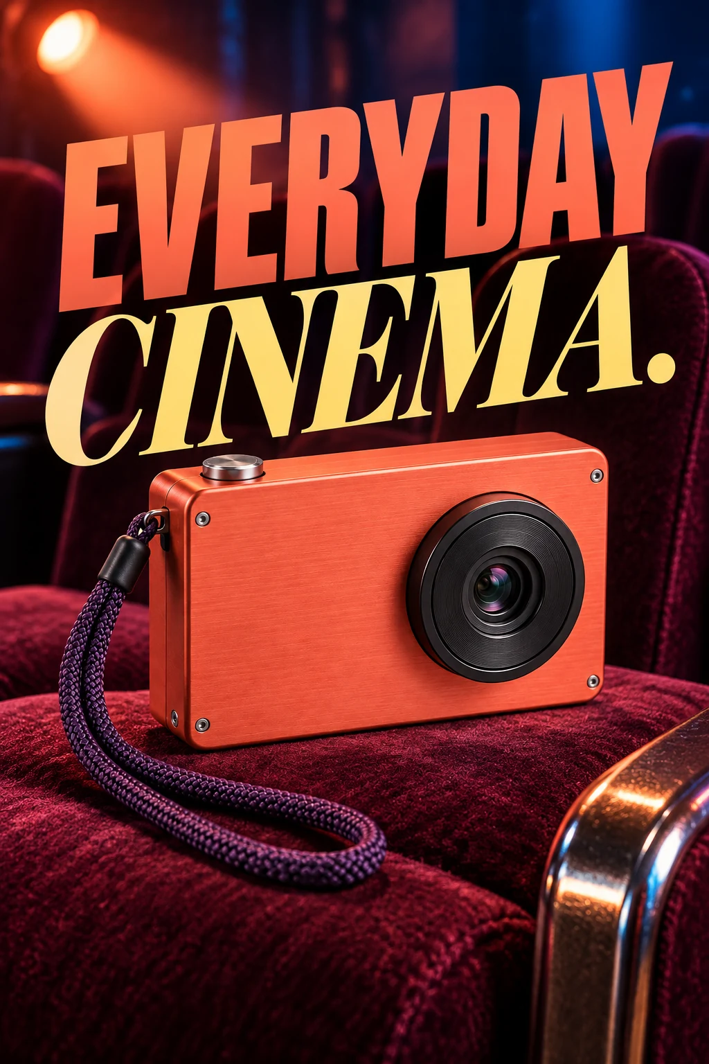 Coral compact camera campaign, resting on a dark plum velvet theatre seat, coral spotlight and chrome armrest, dramatic cinematic flash