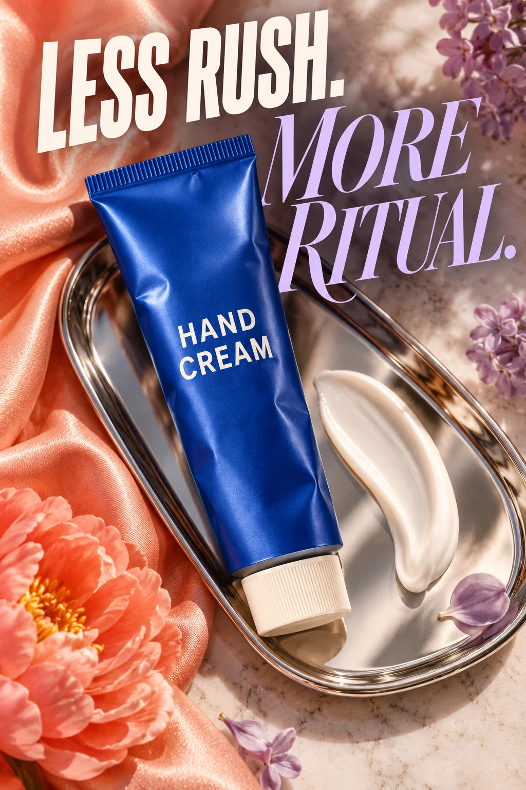 Cobalt hand cream tube campaign, lying across a chrome beauty tray with soft peach silk and a tactile cream swoosh on glass, close editorial still life