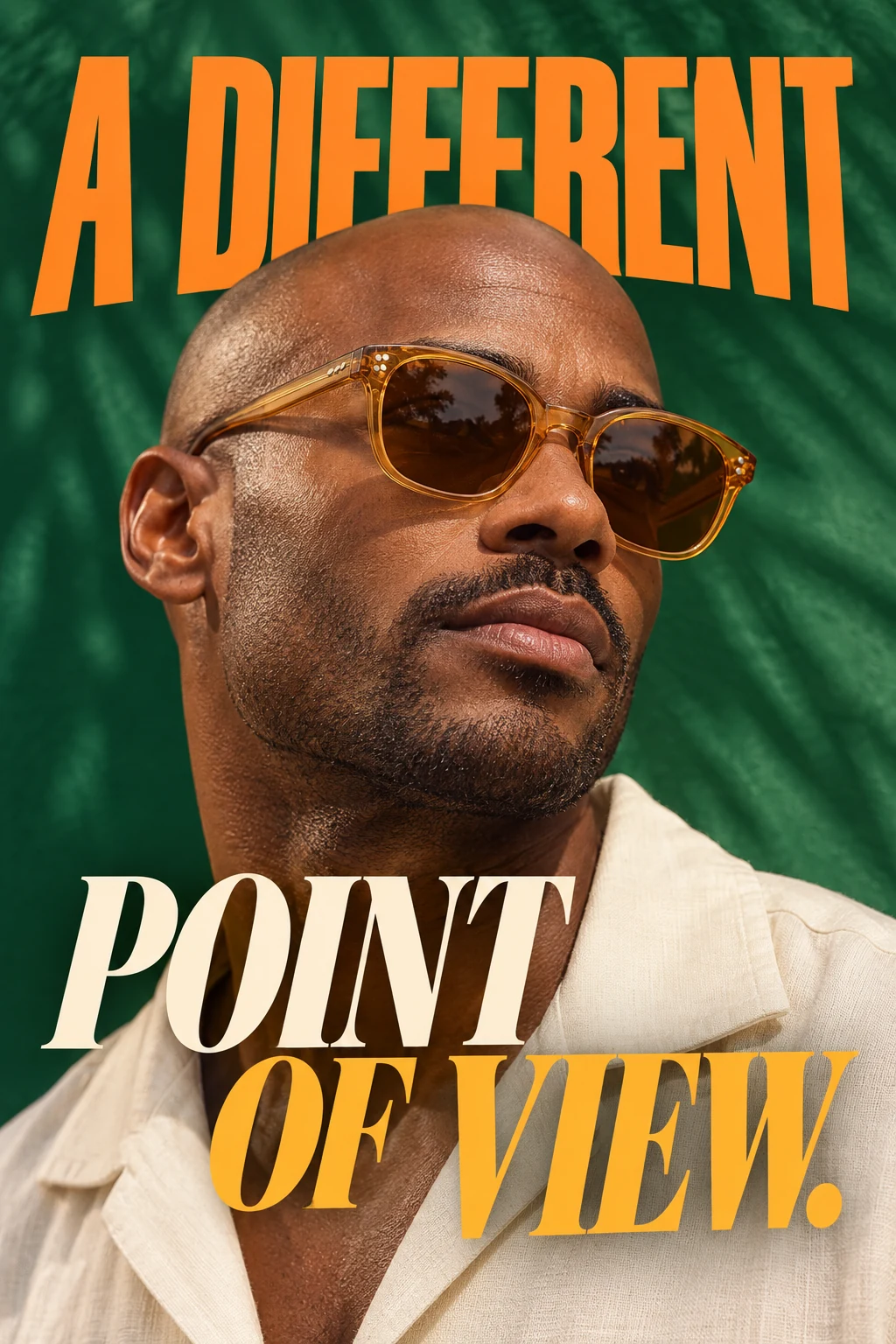 Amber acetate sunglasses campaign, worn by an original adult Black man with shaved head, cream shirt and emerald background, full head visible, strong editorial close portrait