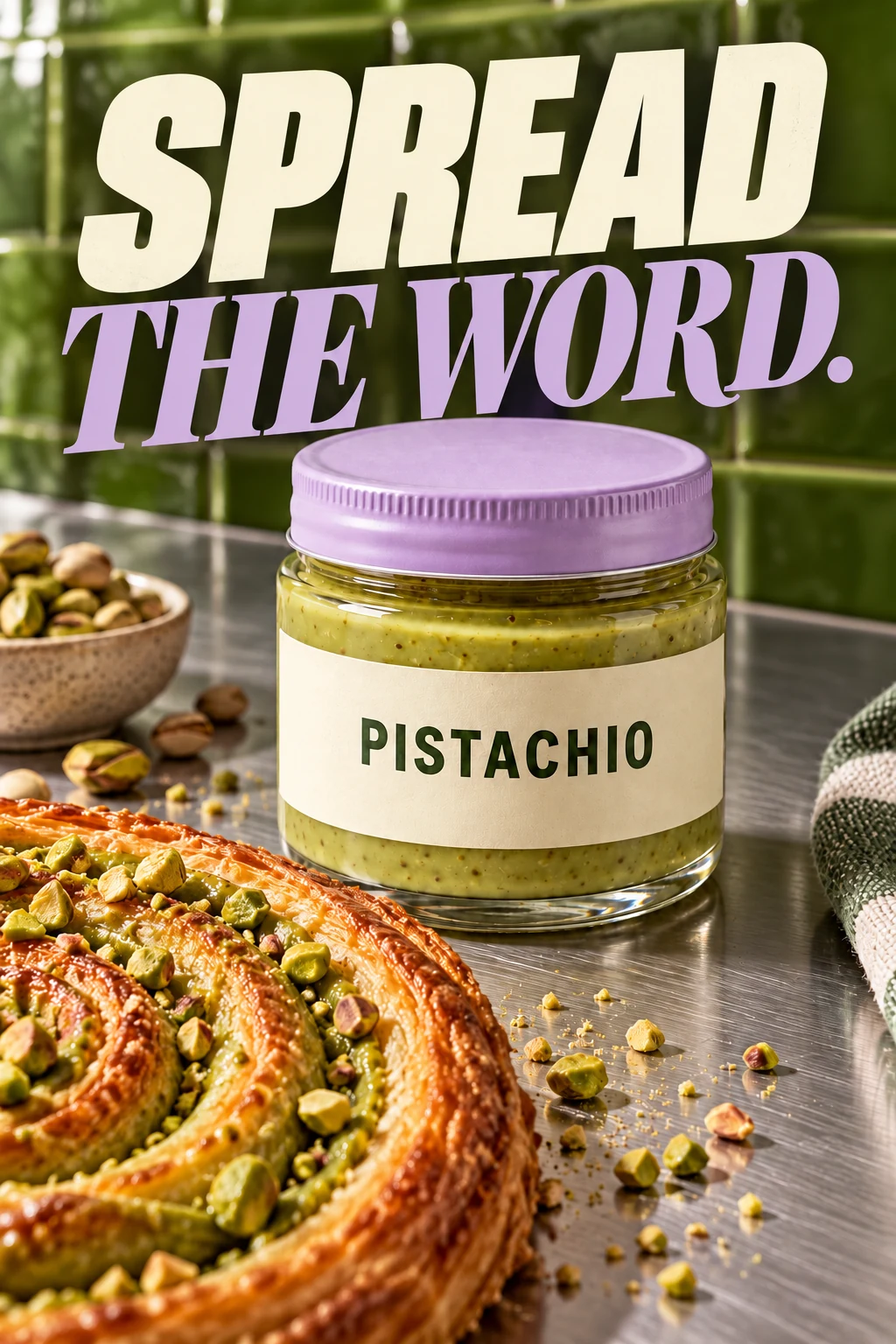 Pistachio spread jar with a lavender lid campaign, on brushed chrome pastry counter with a pistachio spiral pastry overlapping foreground, saturated green tiled background
