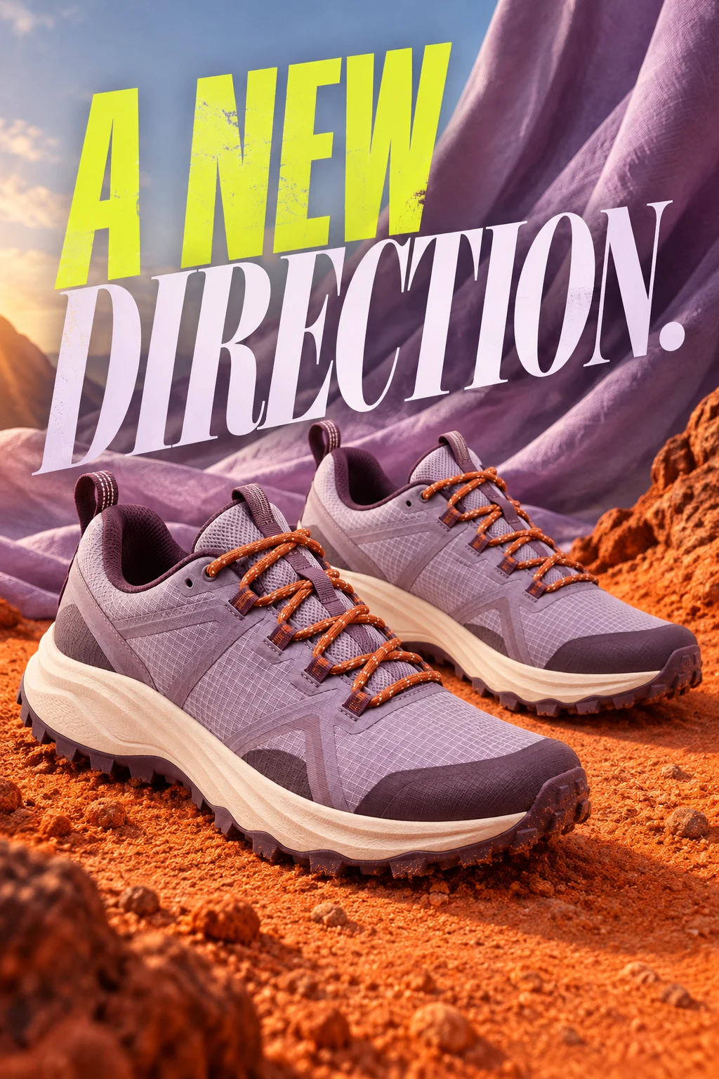 Lavender trail shoes with orange laces campaign, pair resting on orange textured sand with sculptural lavender fabric draped behind, high-fashion product photograph