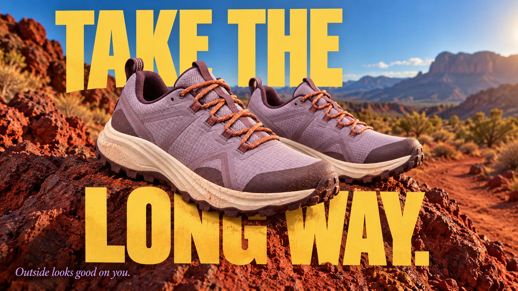 Lavender trail shoes on red desert rock with bold yellow type