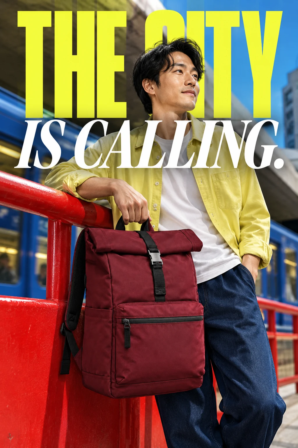 Burgundy rolltop backpack campaign, original adult East Asian man in a pale yellow overshirt carrying it by the top handle while leaning on a vivid red metro railing, entire head and bag visible