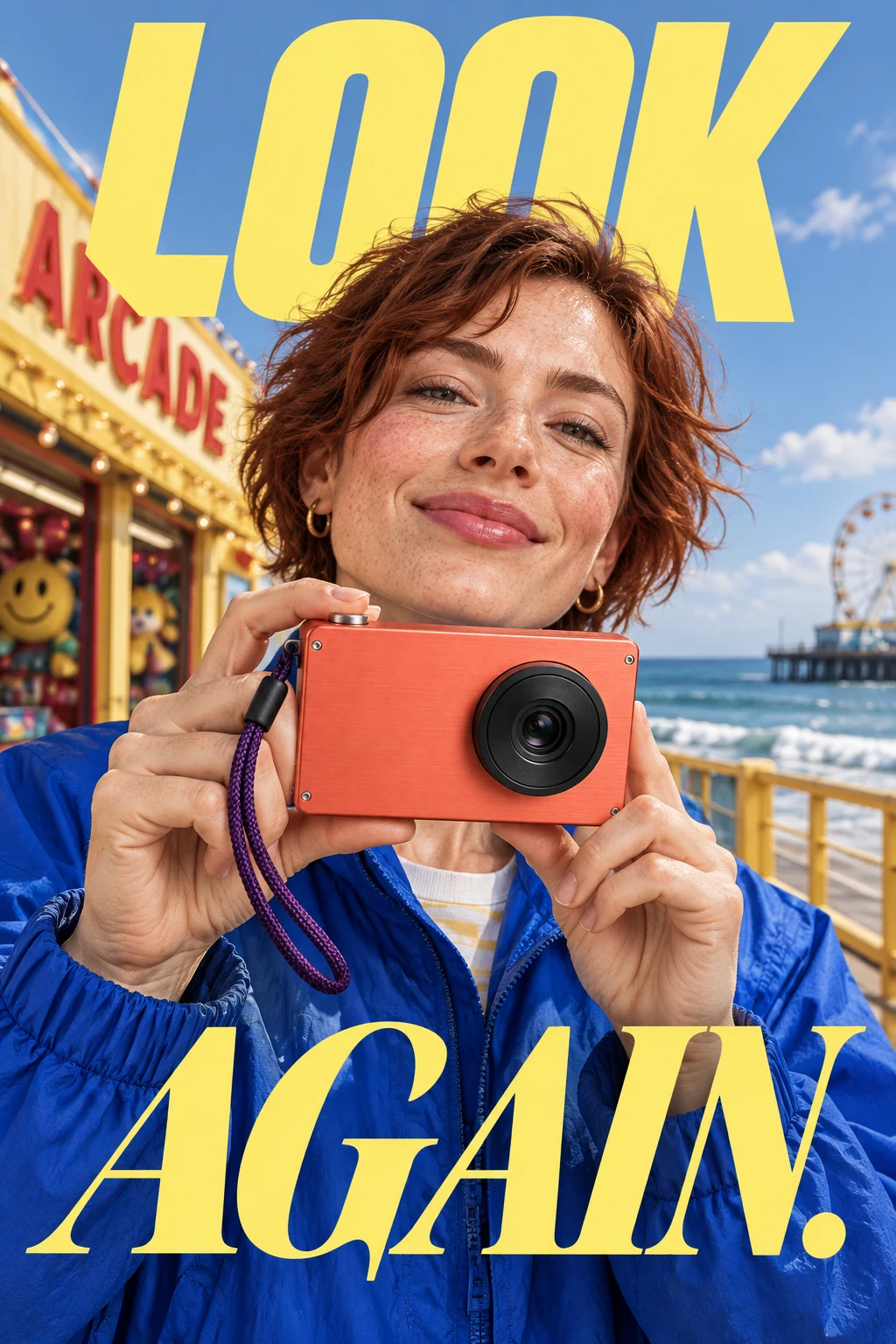 Coral compact camera campaign, held naturally by an original adult woman with cropped auburn hair in a cobalt windbreaker at a seaside arcade, complete face and camera visible
