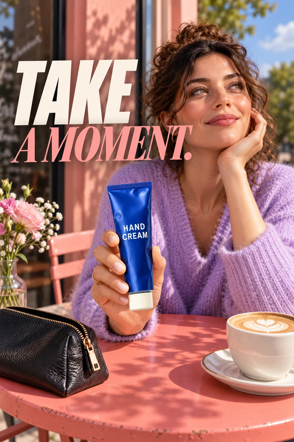 Cobalt hand cream tube campaign, held by a natural adult hand above pink cafe table, full tube and normal fingers, black leather pouch alongside