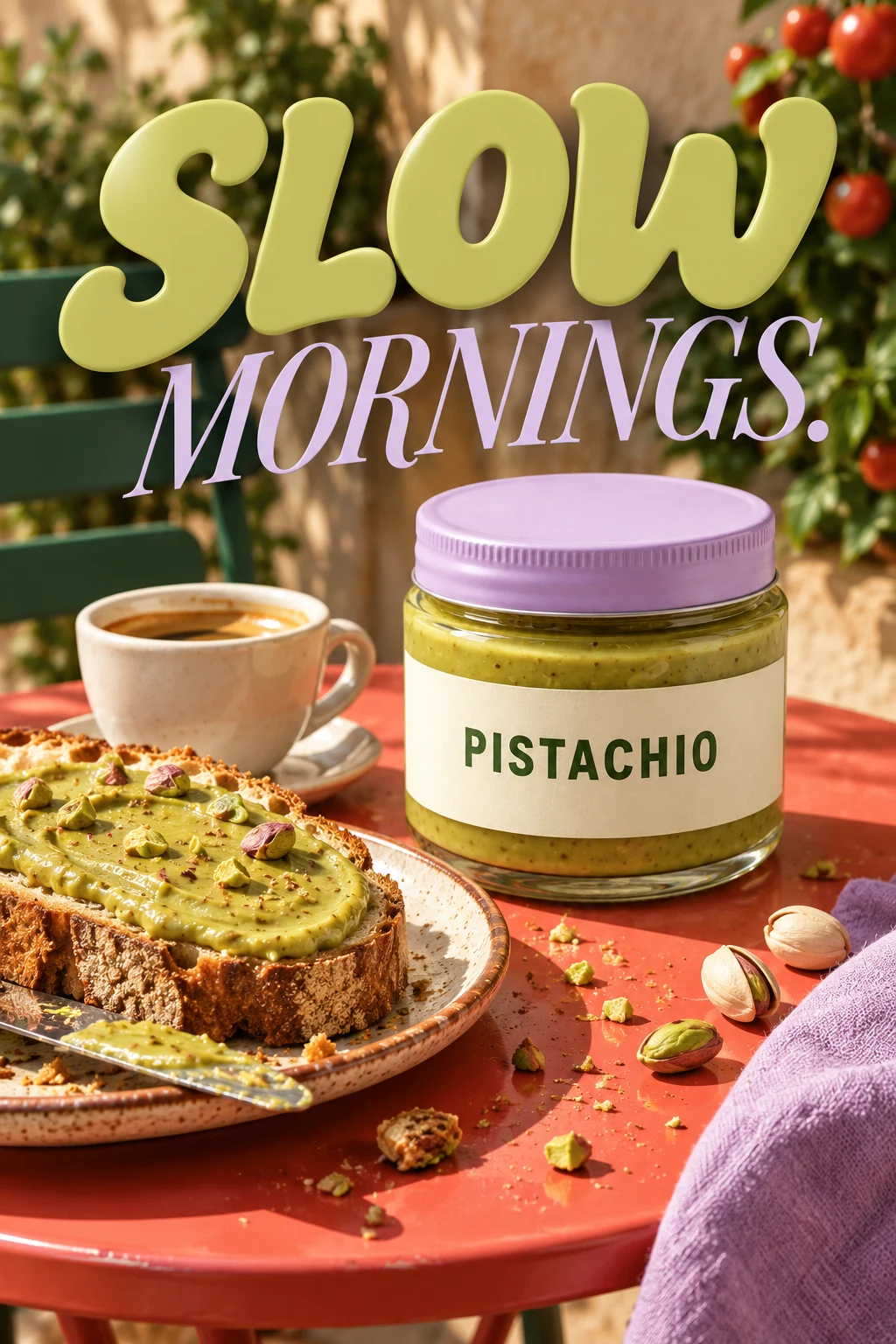 Pistachio spread jar with a lavender lid campaign, on a coral cafe breakfast table alongside toast spread with pistachio and espresso, genuine crumbs and sunlight