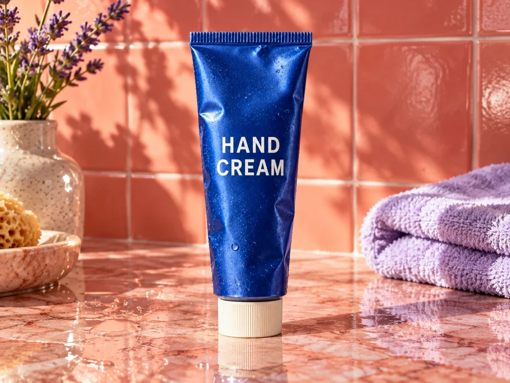 Cobalt hand cream tube against coral tiles with a lavender towel