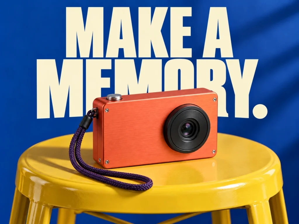 Coral camera campaign with cream lettering against a cobalt background