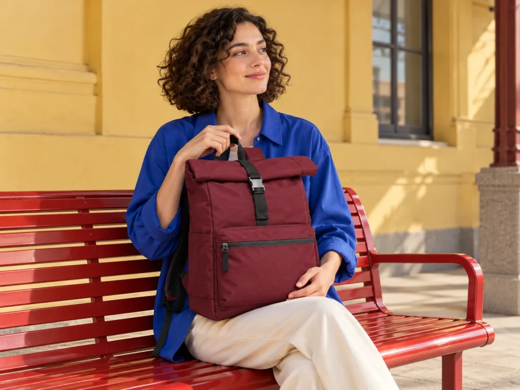 Model seated on a red station bench holding a burgundy backpack