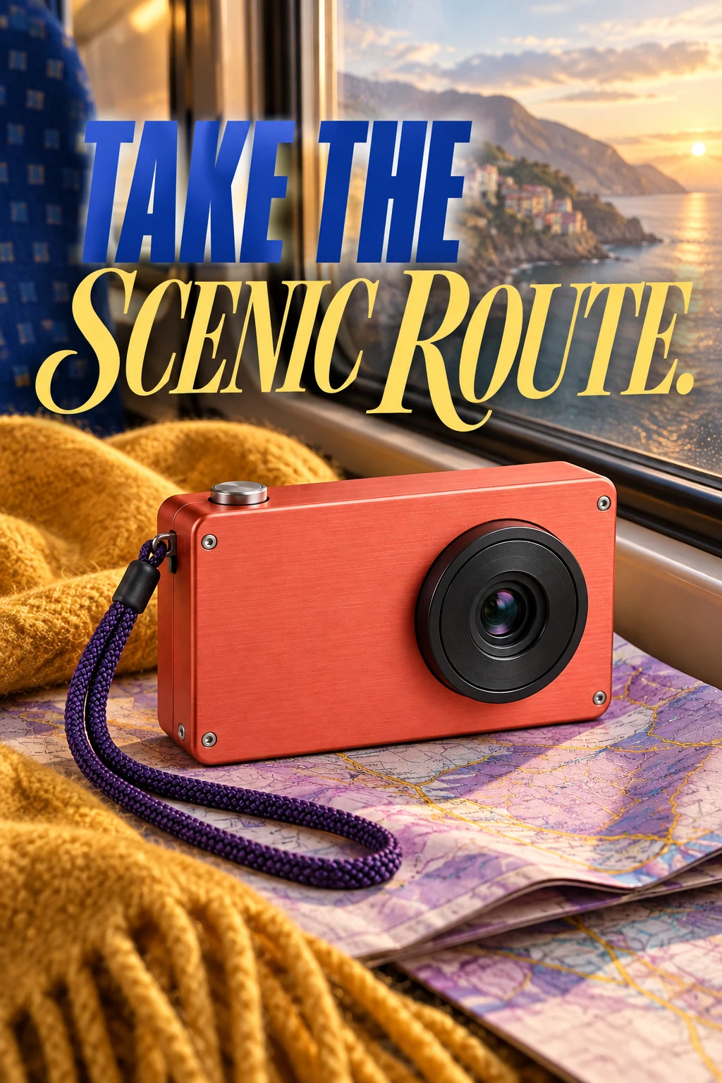 Coral compact camera campaign, resting on folded lilac travel map and mustard scarf beside a frosted train window, warm interior