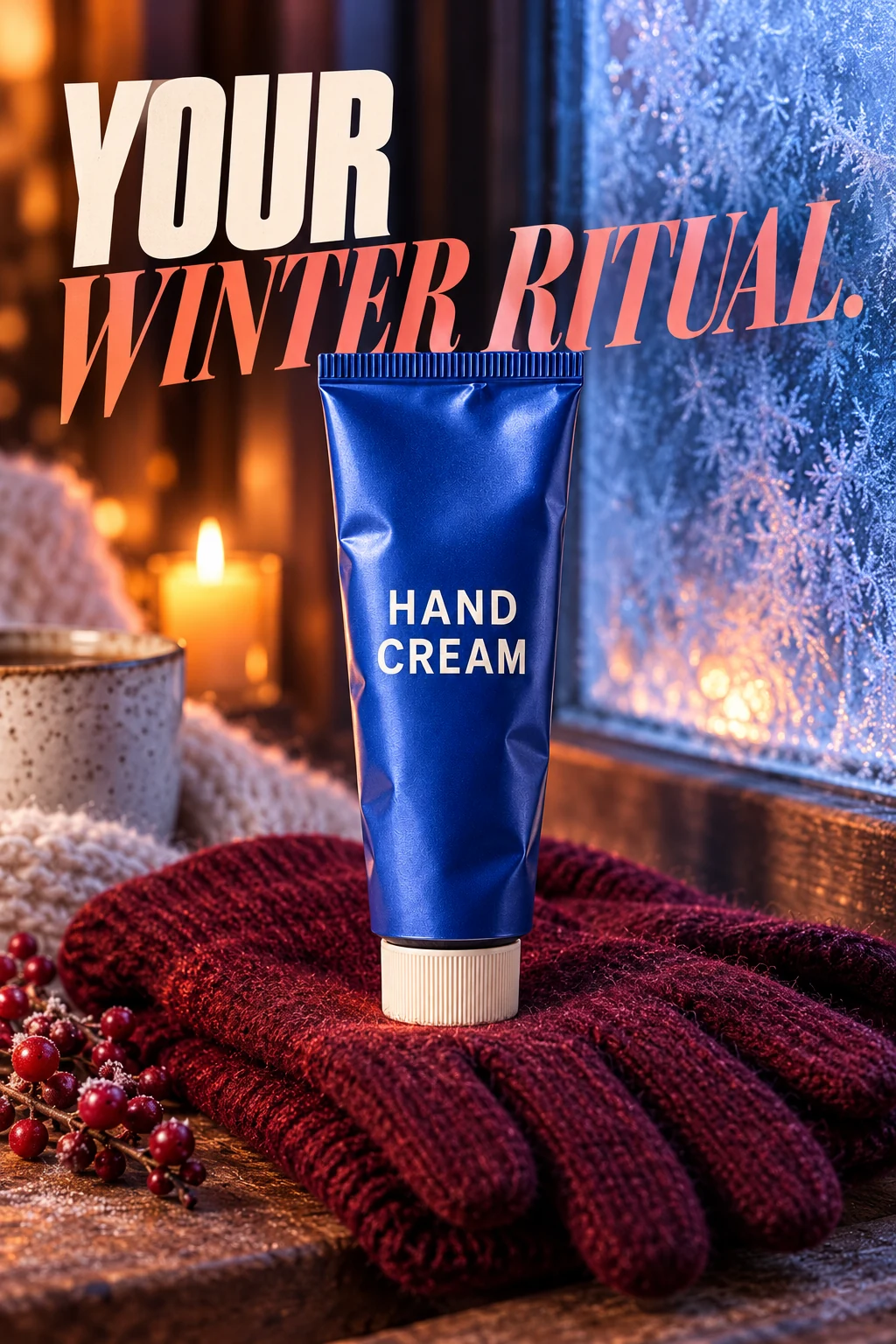 Cobalt hand cream tube campaign, standing on folded burgundy wool gloves by a winter window, frosted blue pane and orange warm bounce