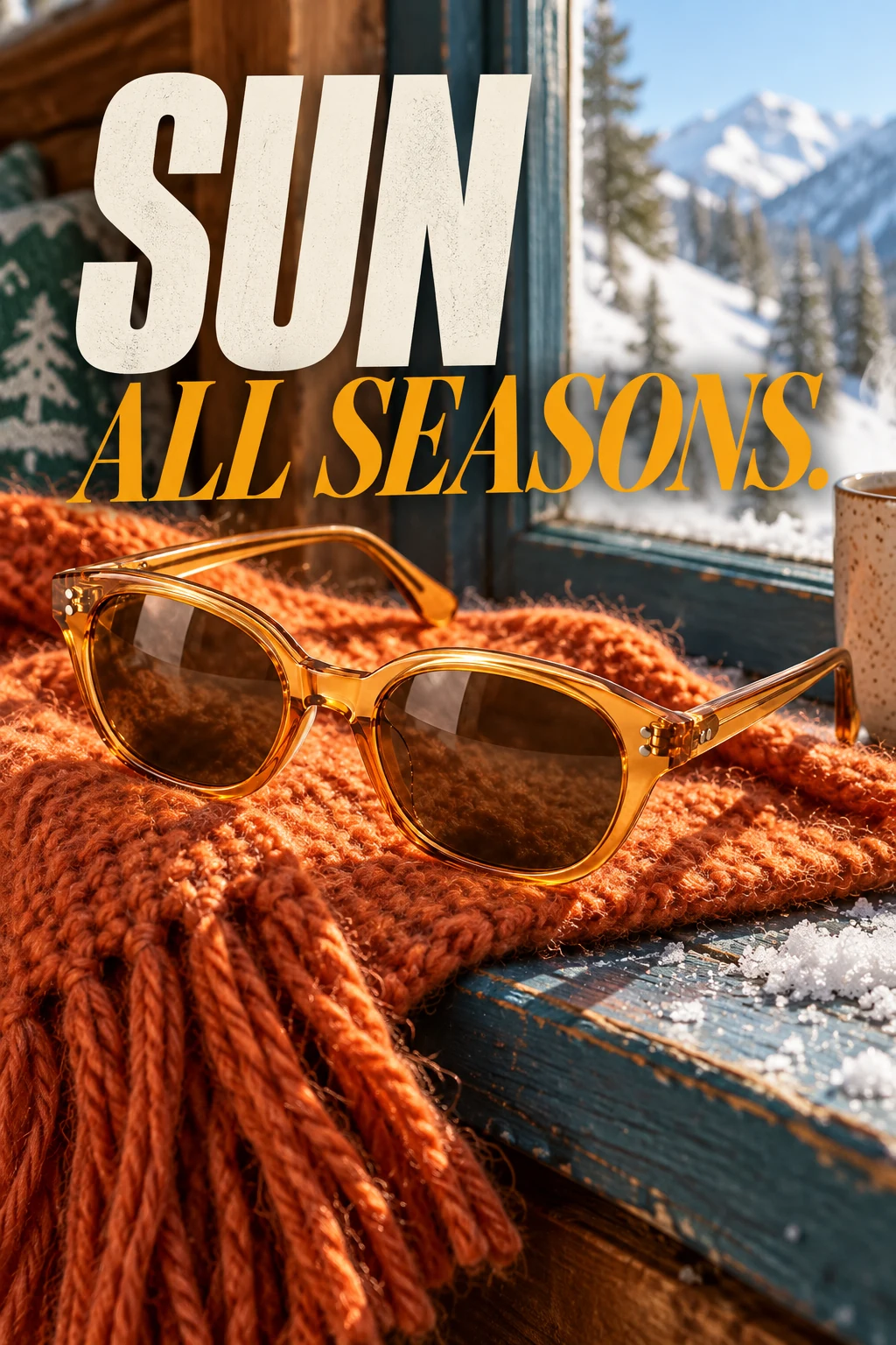 Amber acetate sunglasses campaign, open on a thick orange knit scarf on snowy blue window ledge inside a ski lodge, cozy sharp sunlight