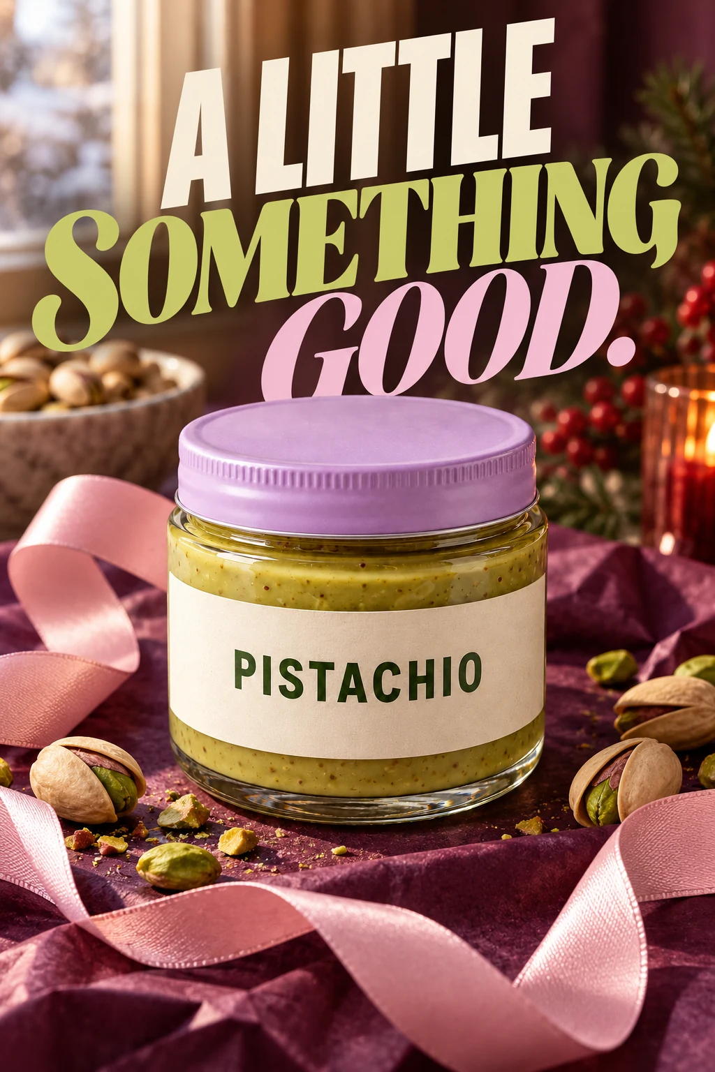 Pistachio spread jar with a lavender lid campaign, on deep plum gift wrapping paper with a loosely curled pale pink ribbon and open pistachios, warm winter window light