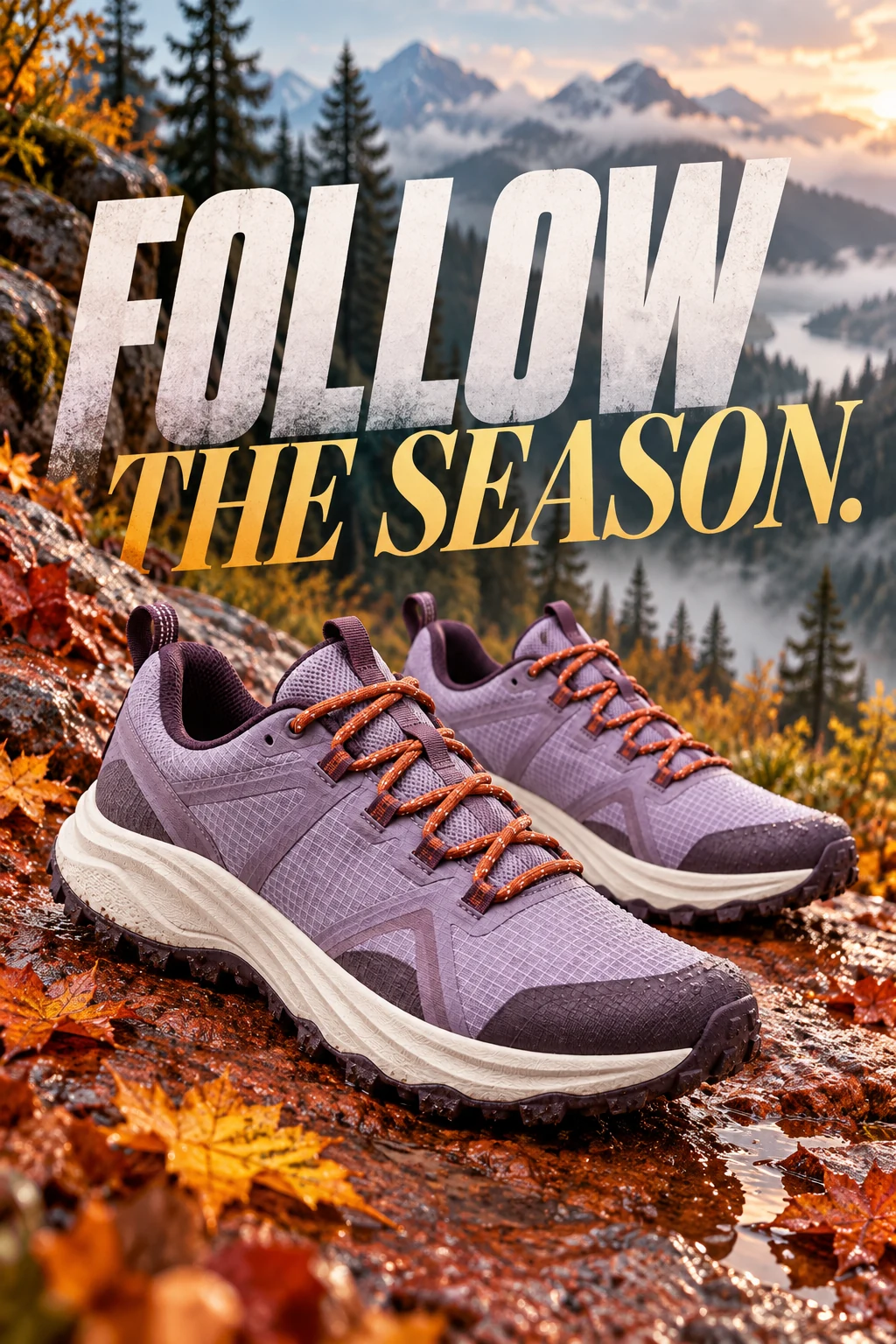 Lavender trail shoes with orange laces campaign, pair on wet rust-red rock with amber autumn leaves and distant teal pines, misty morning