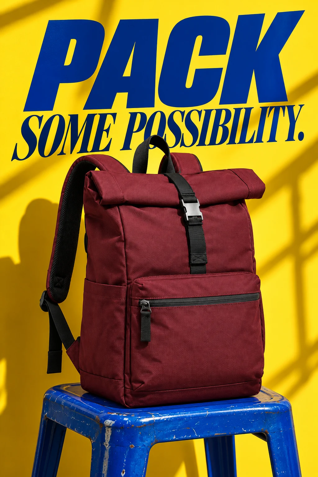 Burgundy rolltop backpack campaign, standing on a cobalt steel stool against a sunflower-yellow photographic set, hard flash and sculptural shadows