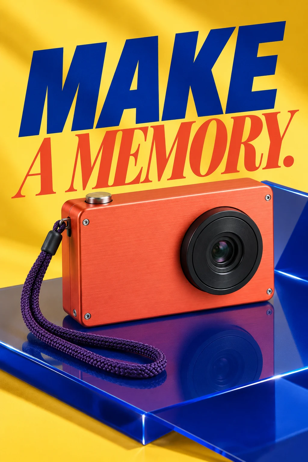 Coral compact camera campaign, resting diagonally on folded cobalt acrylic with real reflections and deep yellow cyclorama