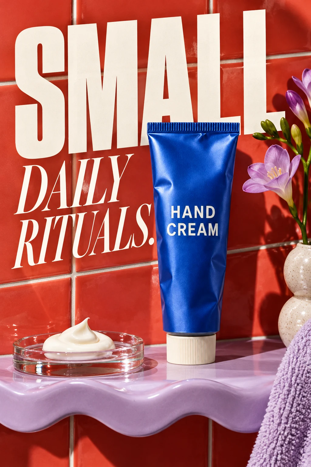 Cobalt hand cream tube campaign, standing on wavy lilac ceramic shelf against red tile, cream dab on glass and realistic hard flash