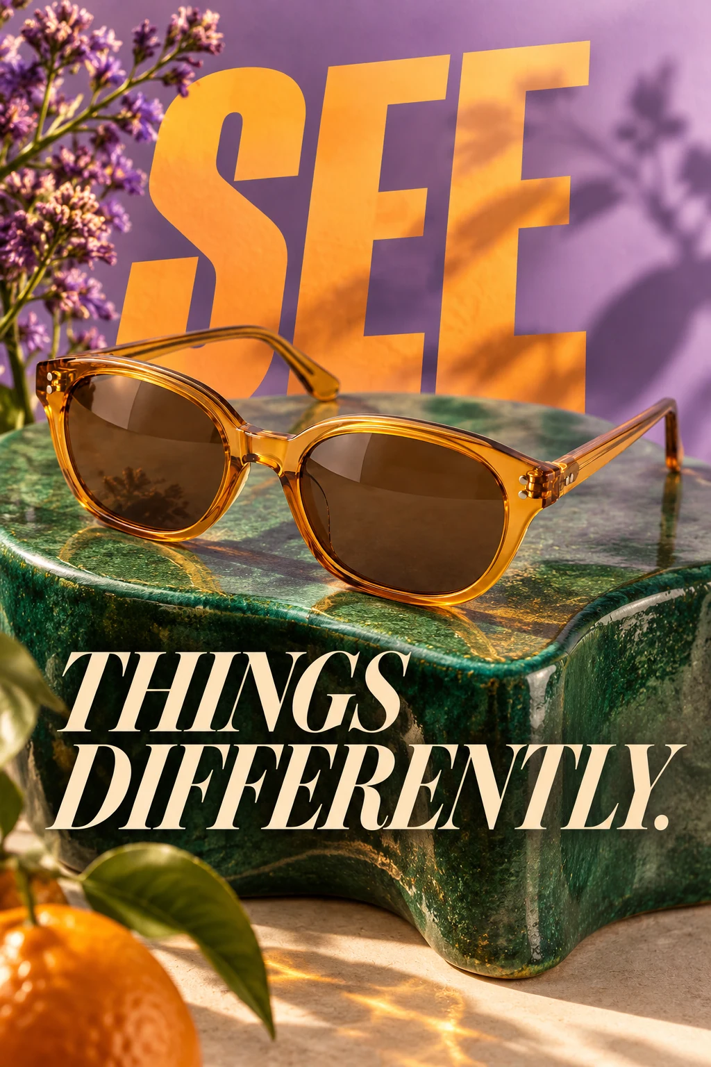 Amber acetate sunglasses campaign, open on sculptural emerald glazed ceramic against a lavender photographic set, sharp translucent amber shadows