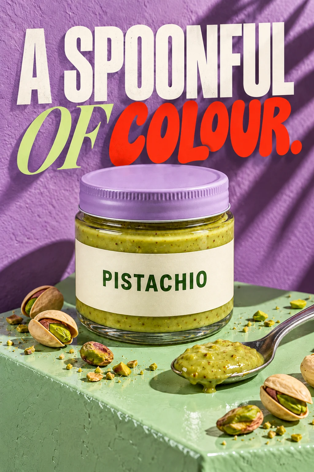 Pistachio spread jar with a lavender lid campaign, on a mint lacquer plinth with cracked pistachios and a silver spoon, hard flash and rich lavender wall