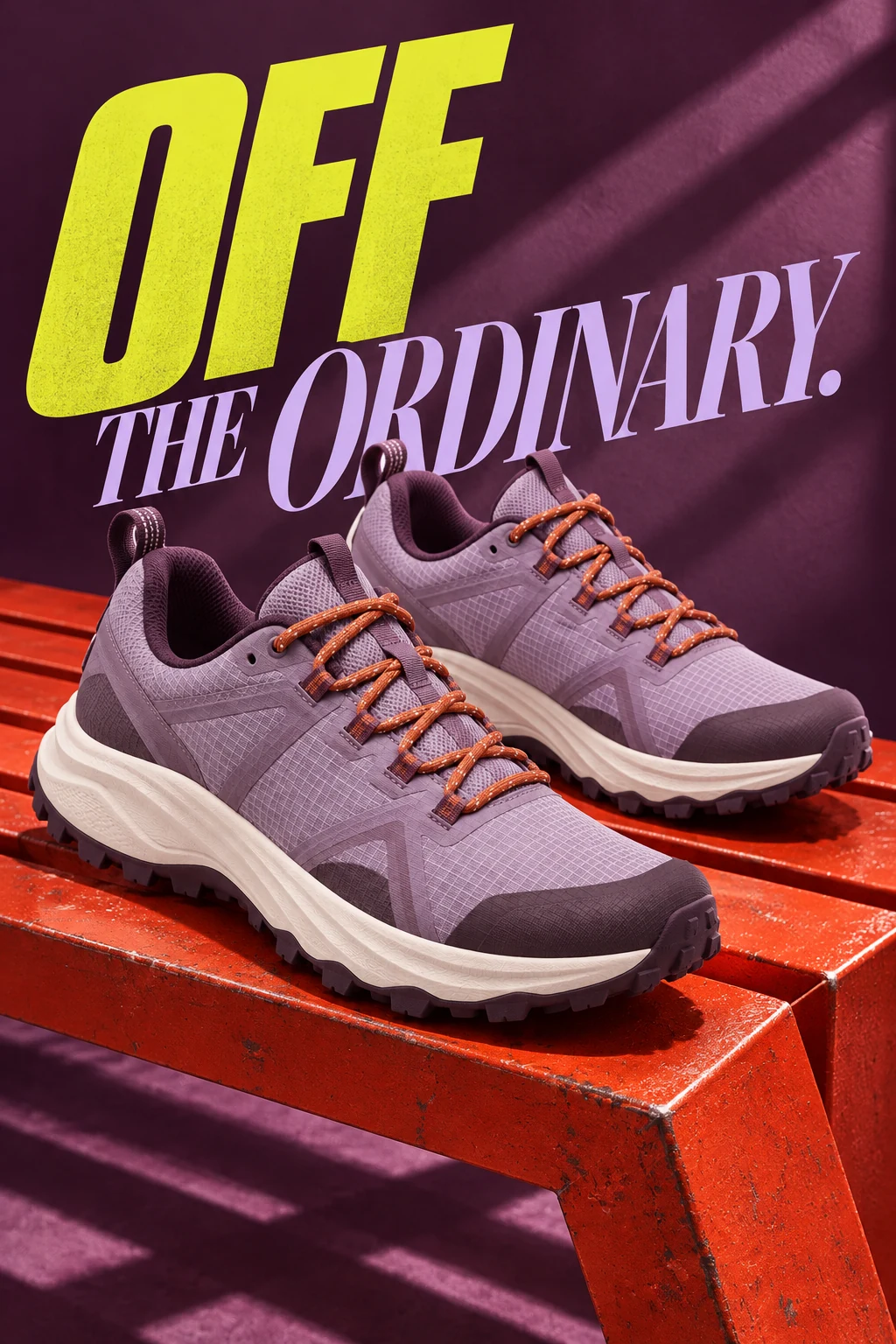 Lavender trail shoes with orange laces campaign, pair resting on a vermilion angular steel bench against deep plum studio backdrop, hard raking light