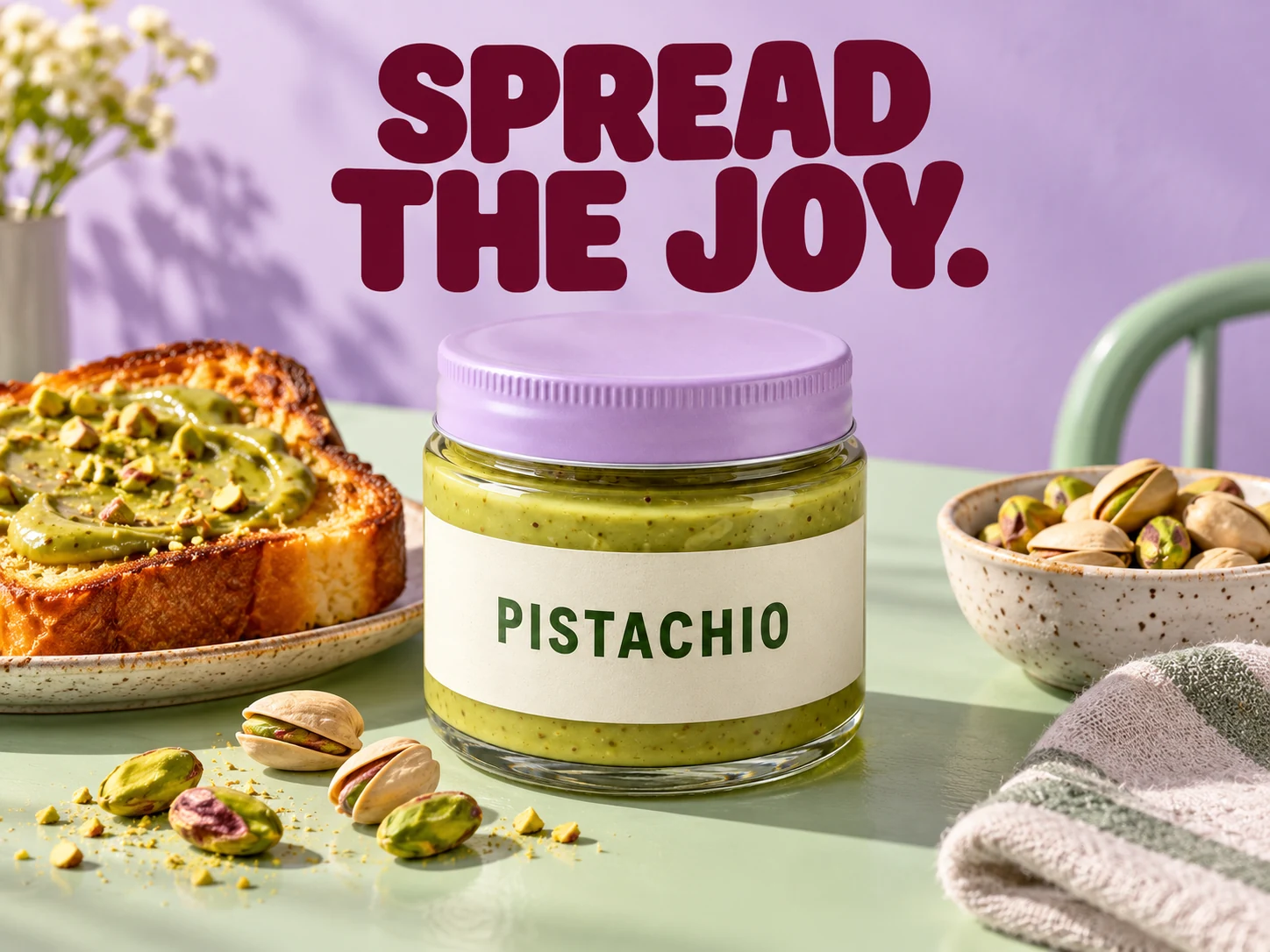 Pistachio spread campaign with bold burgundy lettering