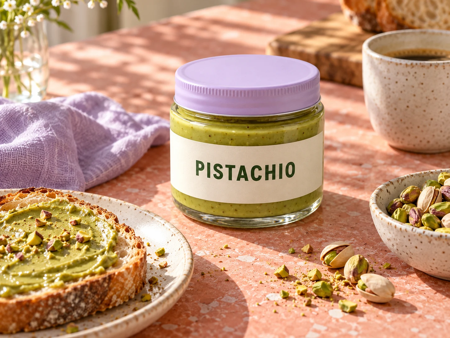 Pistachio spread jar with toast on a coral breakfast table