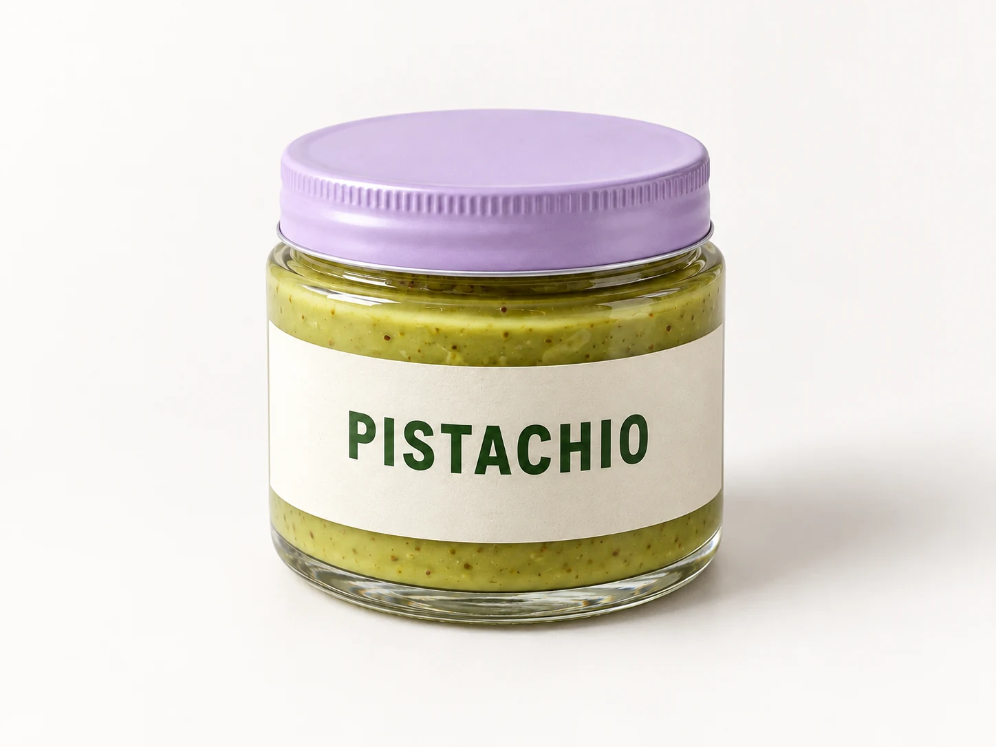 Pistachio spread jar photographed on a plain white background