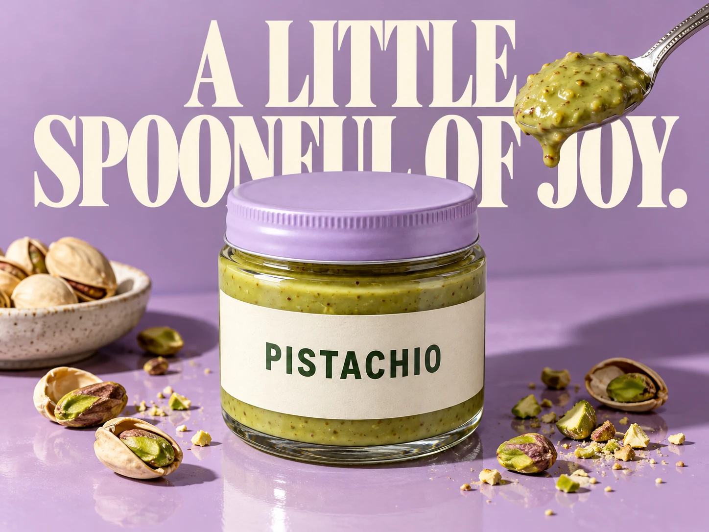 Pistachio spread campaign on a lavender table with a spoonful of spread