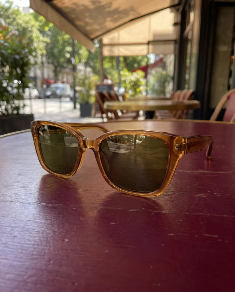 Complete amber sunglasses with open temples on a burgundy café table.