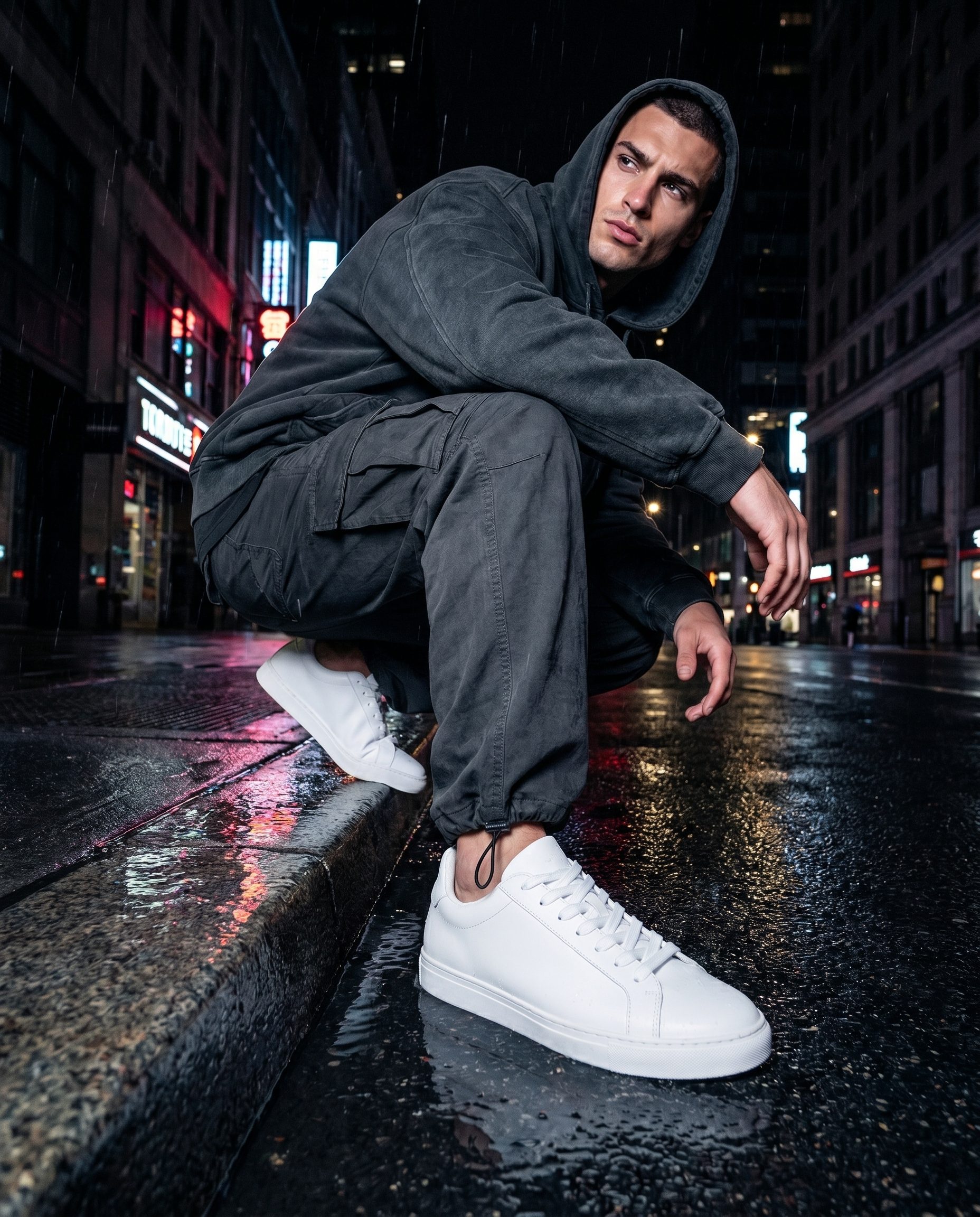 White low-top sneaker in a night editorial streetwear campaign scene.