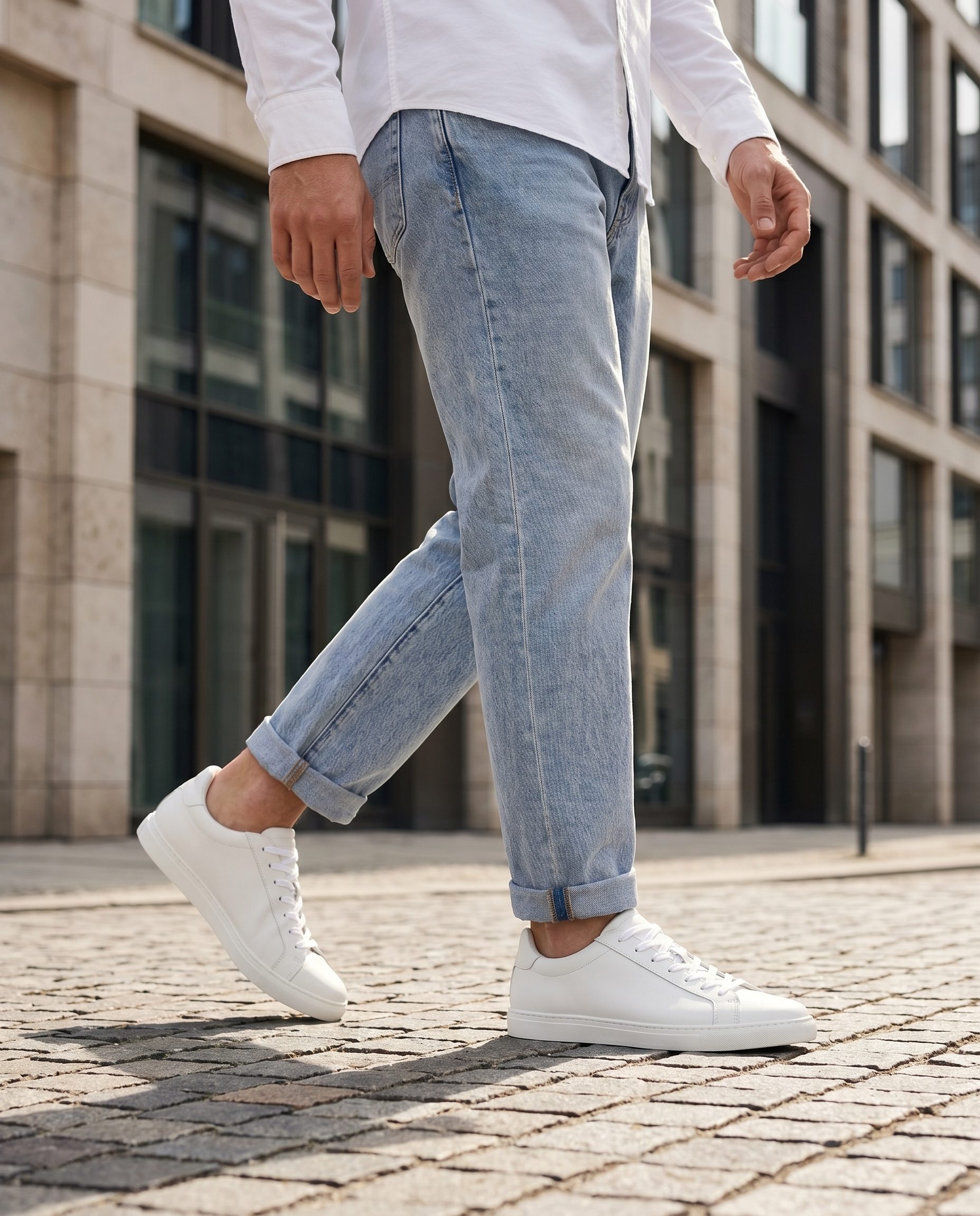 White low-top sneaker in a clean daylight city lifestyle scene.