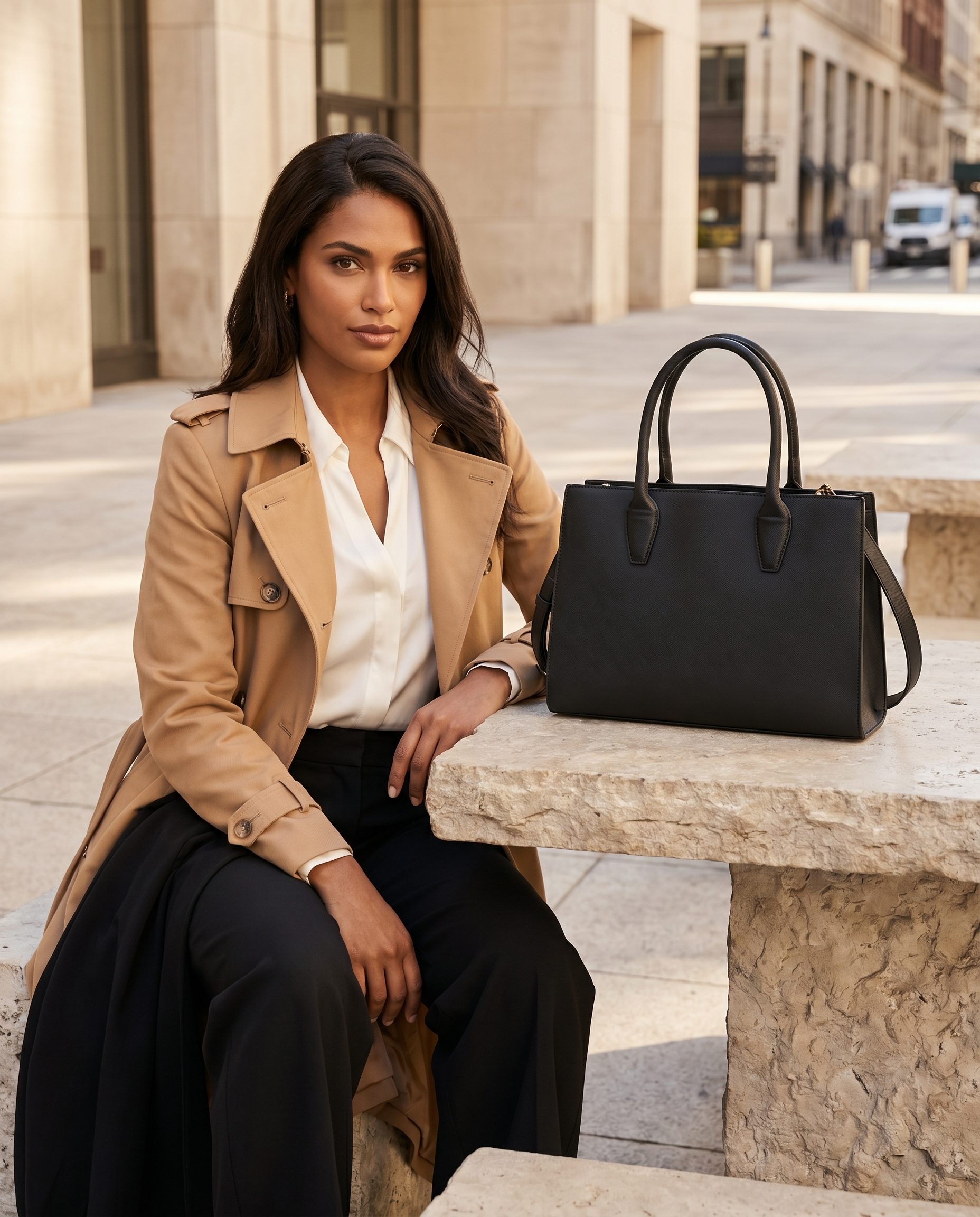 Black structured handbag in a premium seated city lifestyle campaign scene.