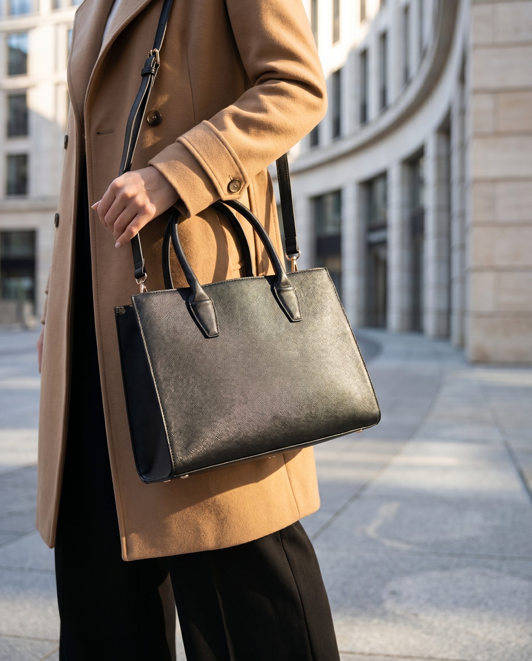 Black structured handbag shown as a close carry detail in a premium city campaign scene.