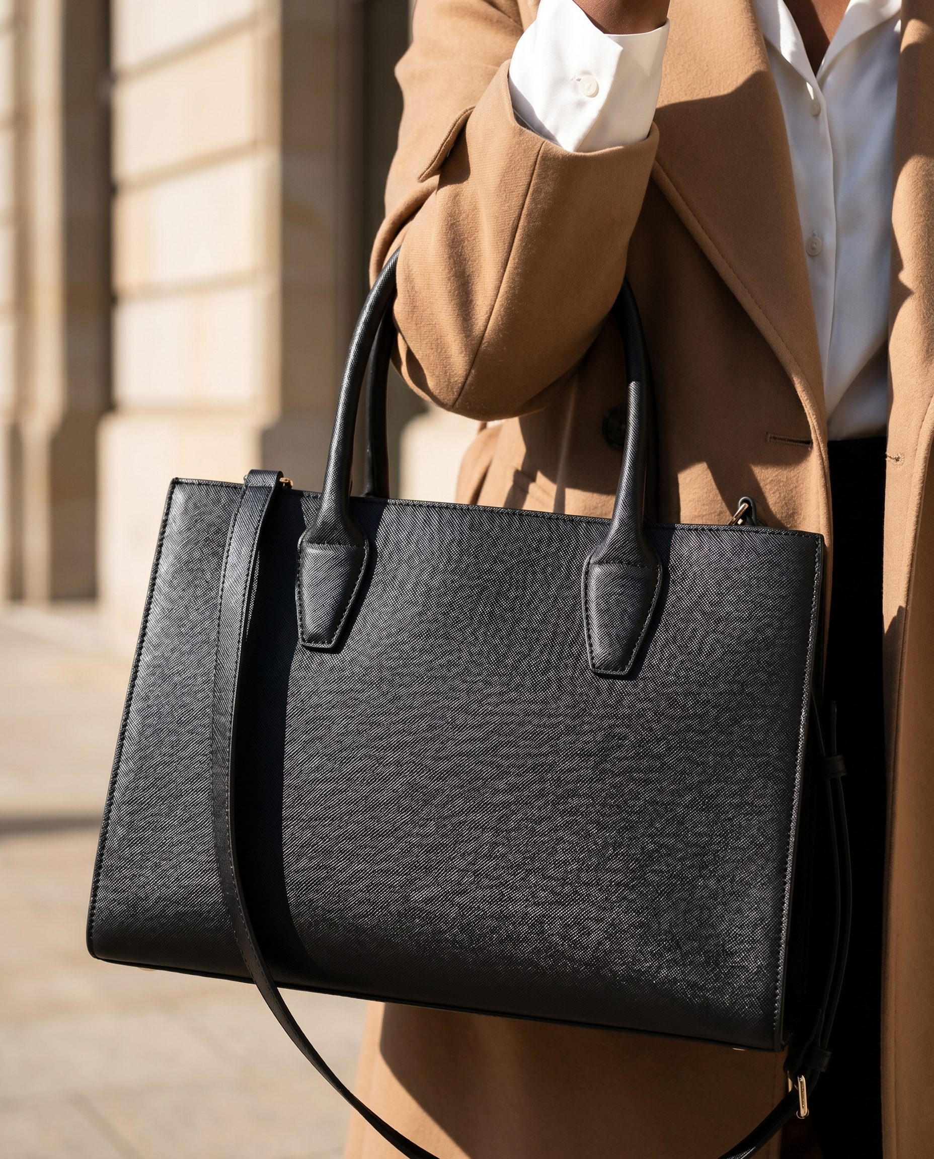 Black structured handbag close-up highlighting leather texture and handle details.