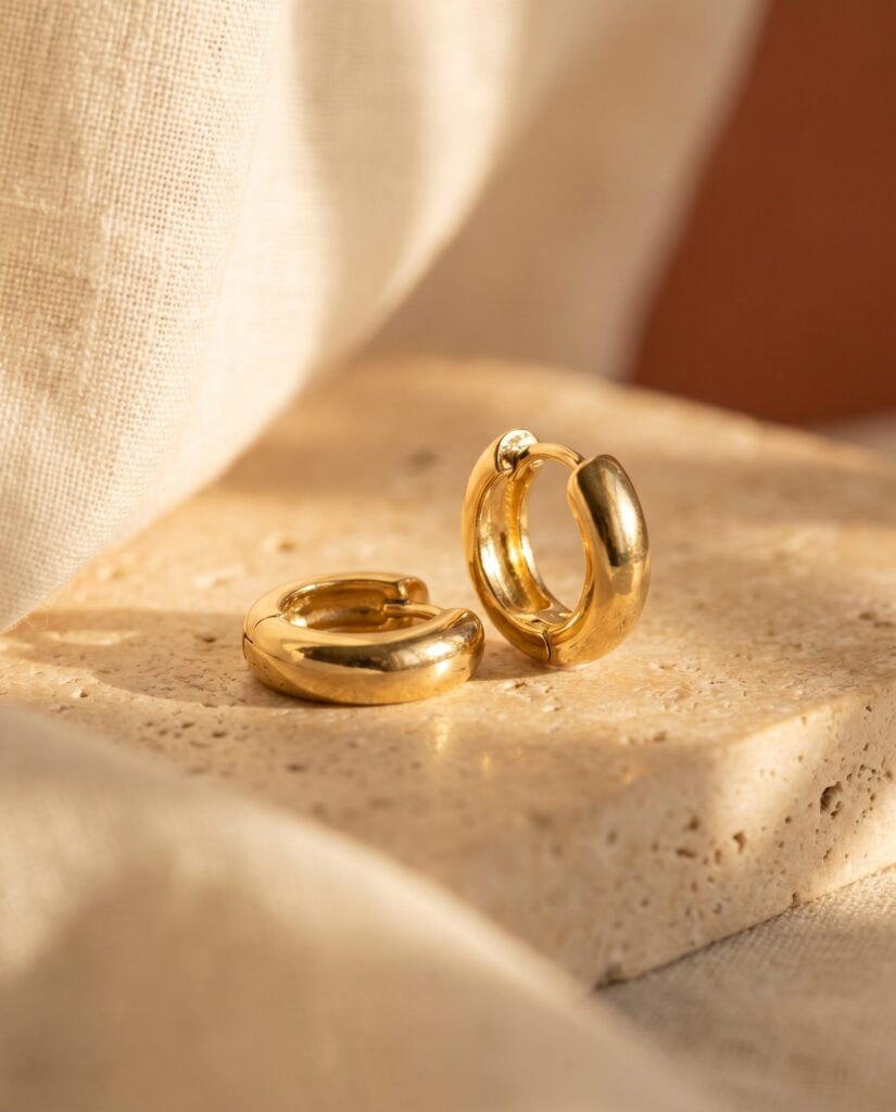 Small gold hoop earrings resting on stone in warm sunlight.