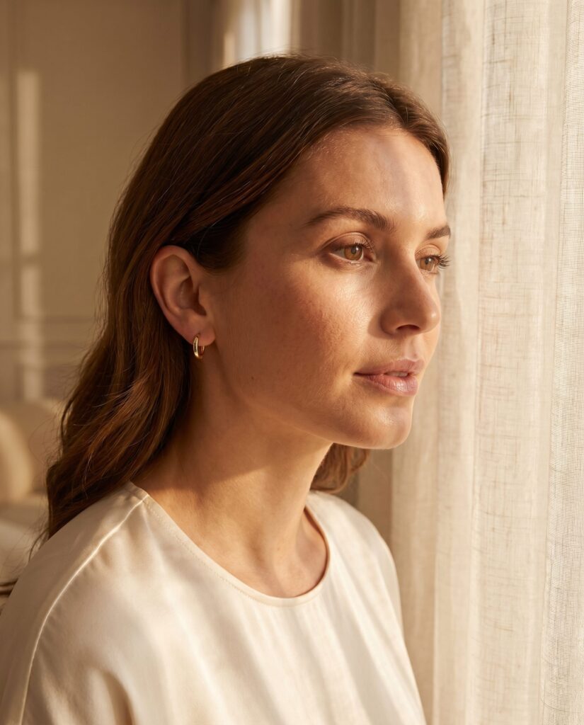 Woman in a white top wearing a small gold hoop beside a softly lit window.