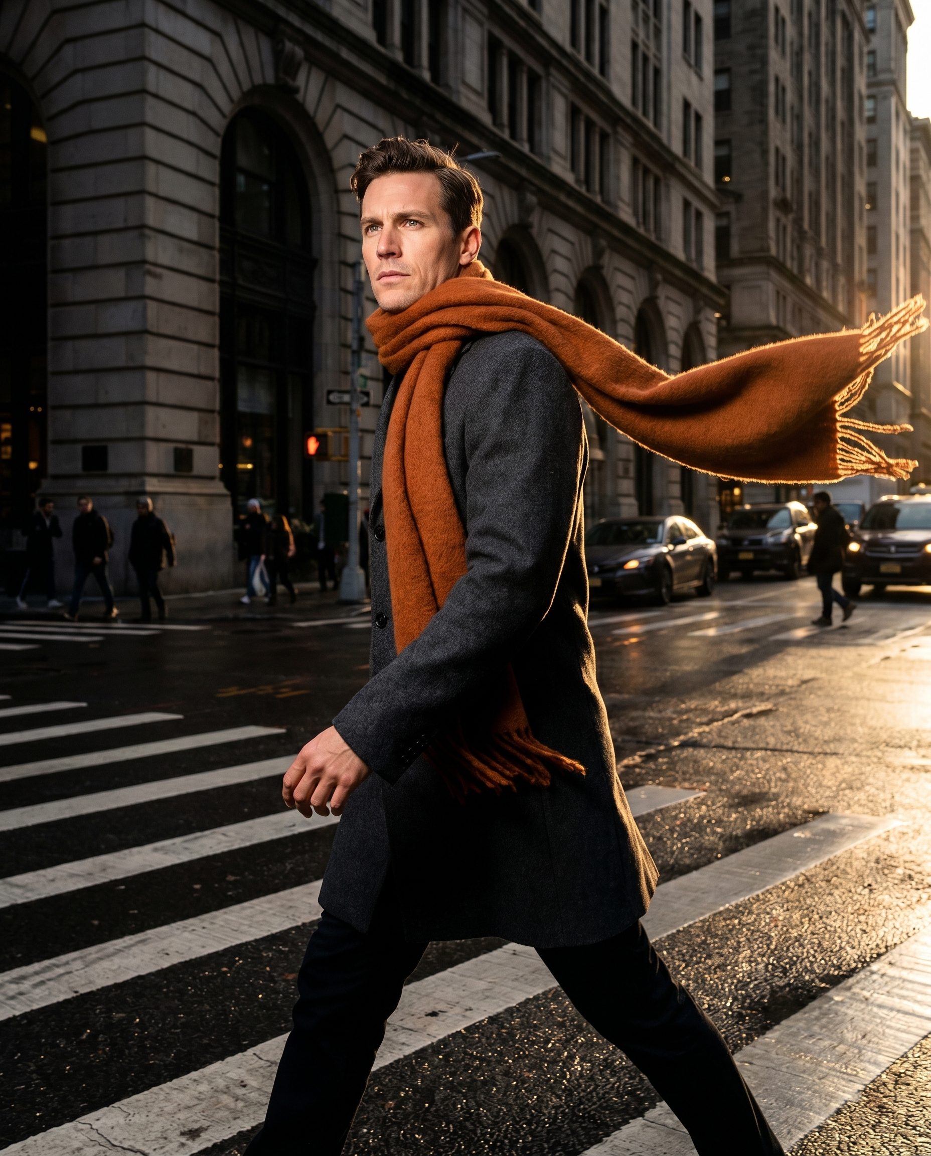 Rust scarf worn by a male model walking through a city crosswalk.