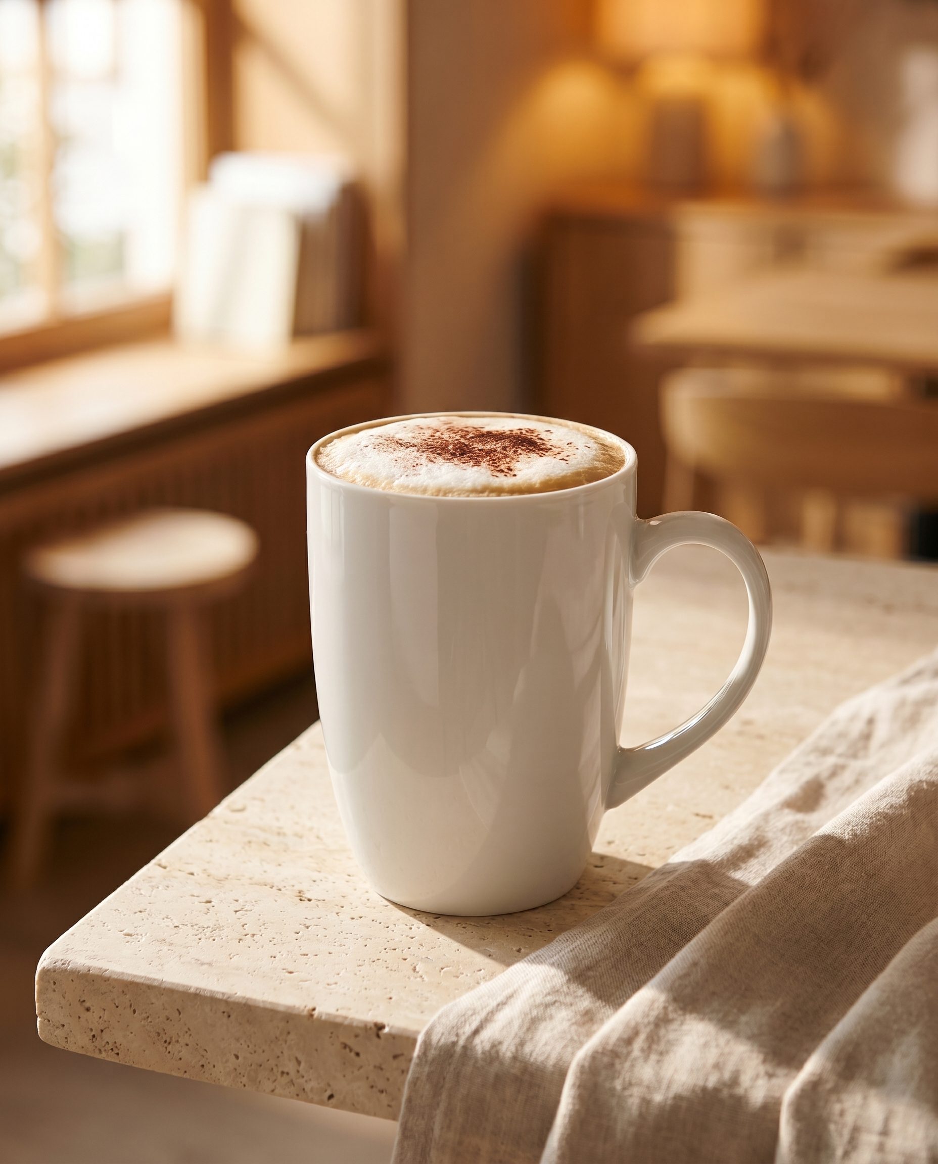 Complete white ceramic coffee mug in a warm cafe product scene.