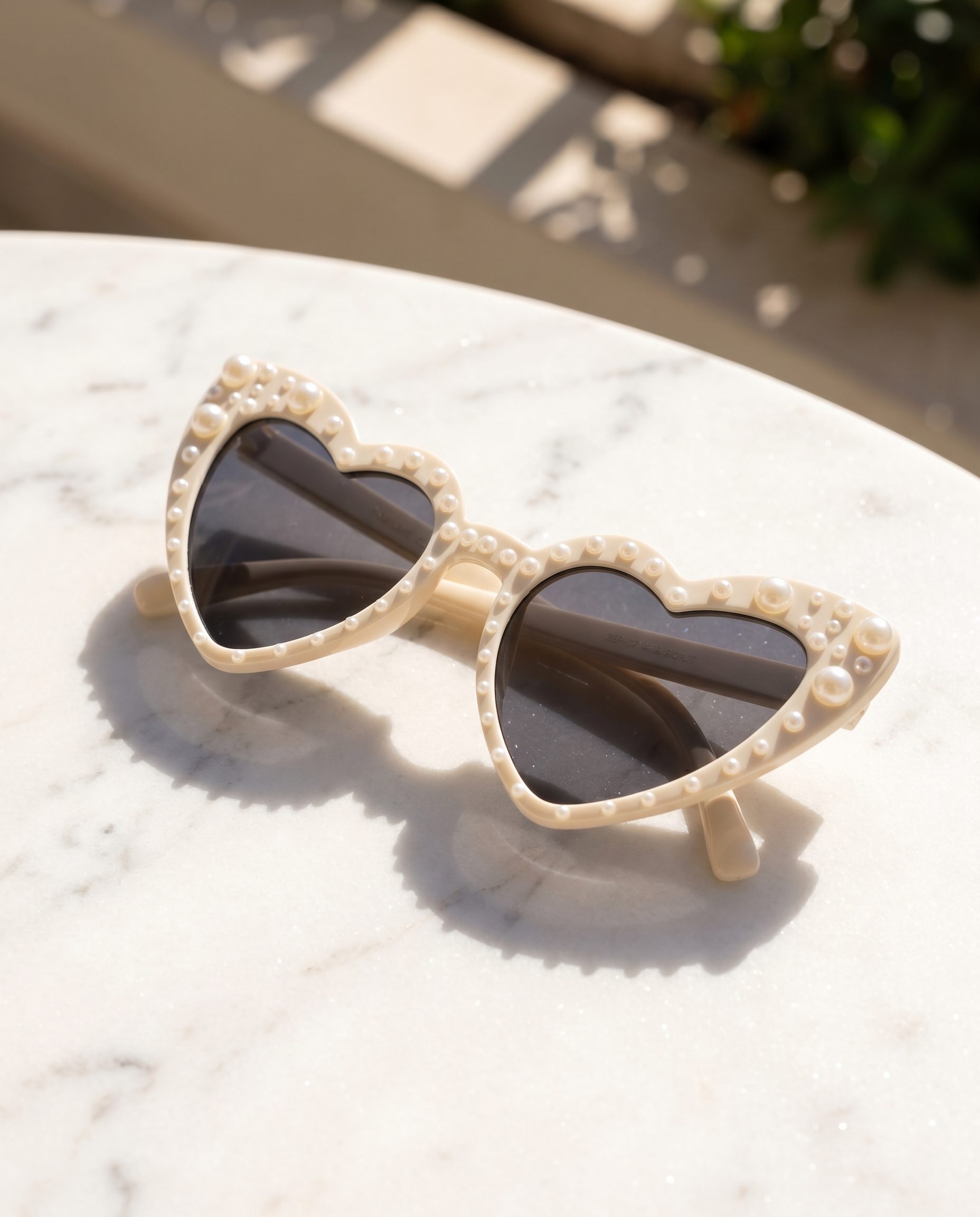 Heart-shaped sunglasses styled on a marble surface in warm sunlight.