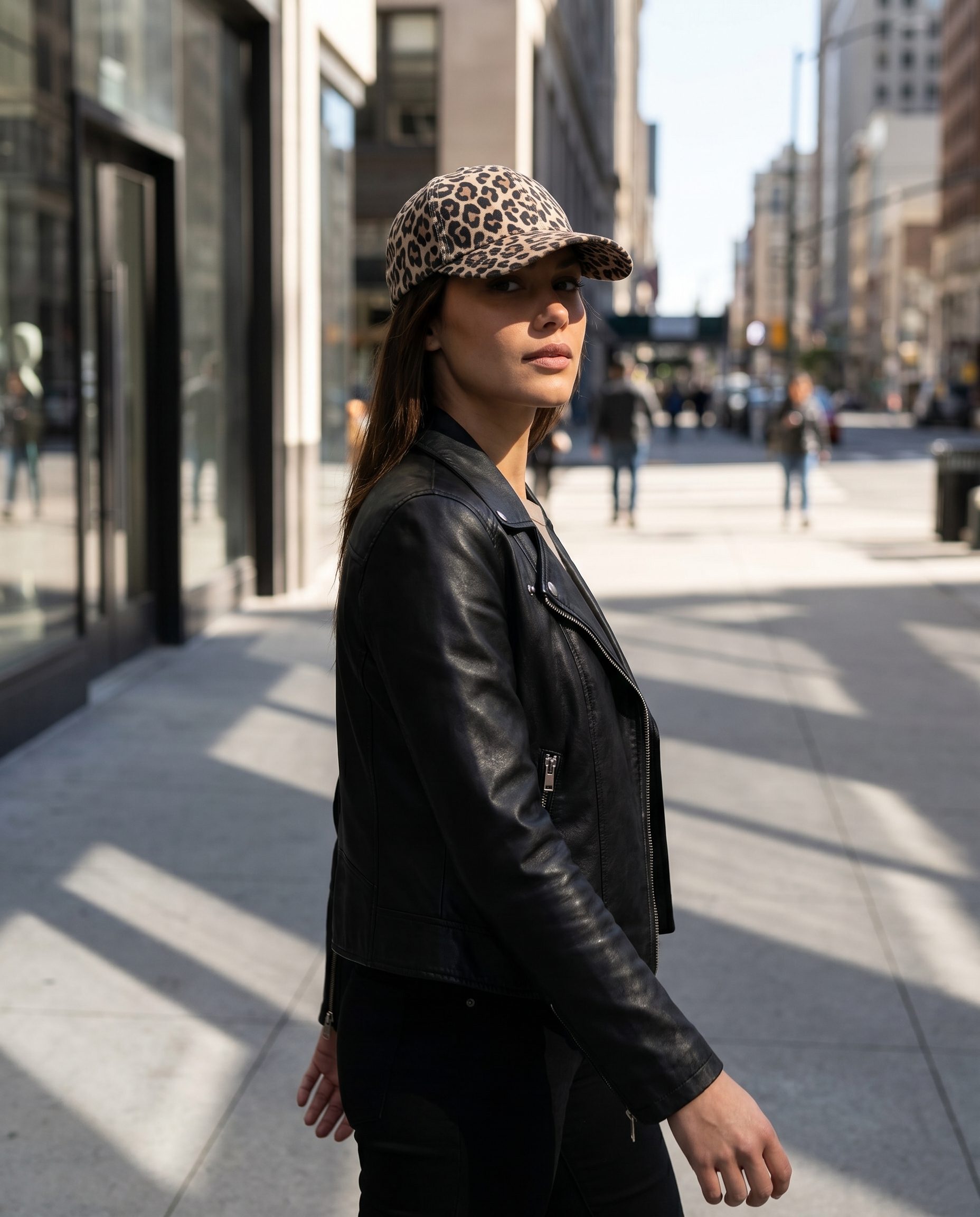 Leopard print cap worn by a female model in a city sidewalk lifestyle campaign scene.