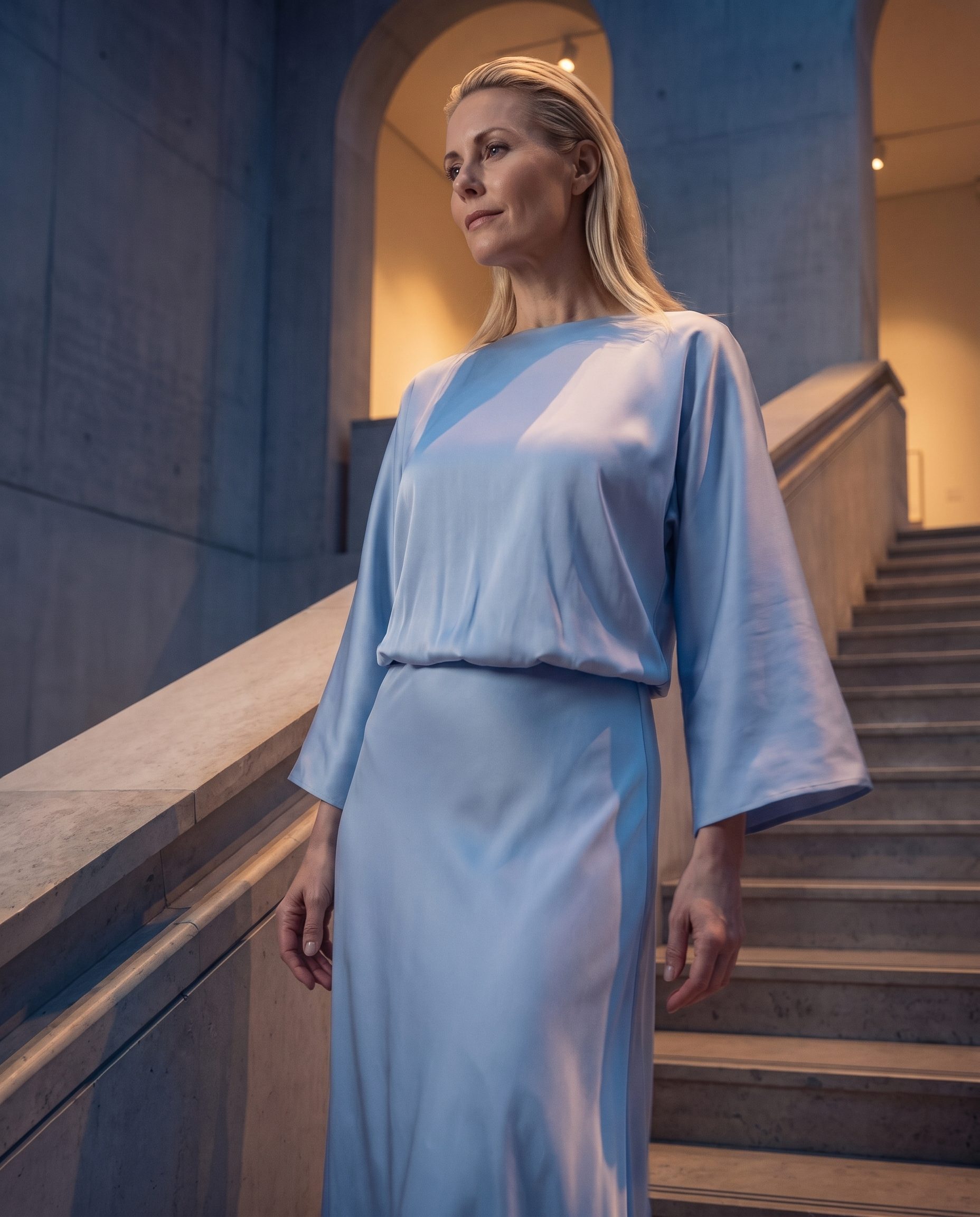 Pale blue dress shown in a close editorial gallery staircase campaign frame.