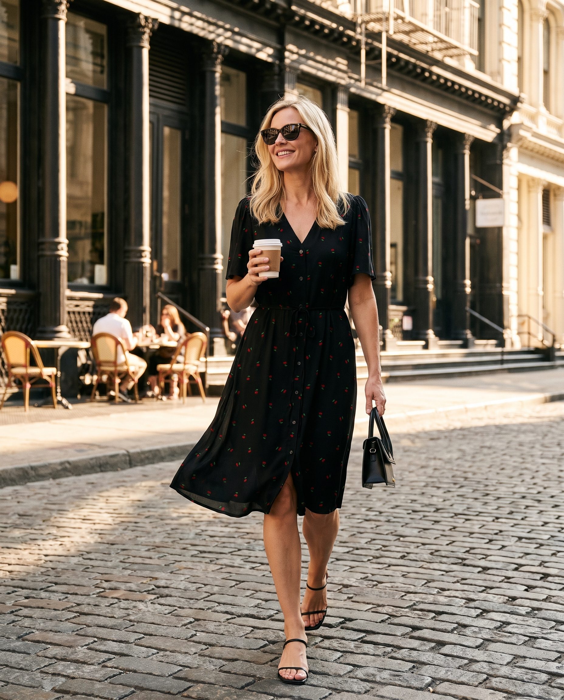 Black cherry print dress worn by a blonde model in a sunny street-style scene.