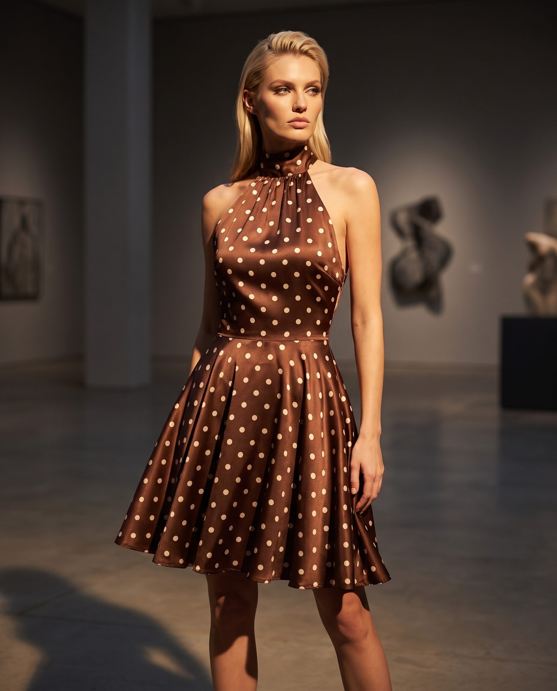 Brown polka-dot cocktail dress worn by a blonde model in a gallery campaign scene.