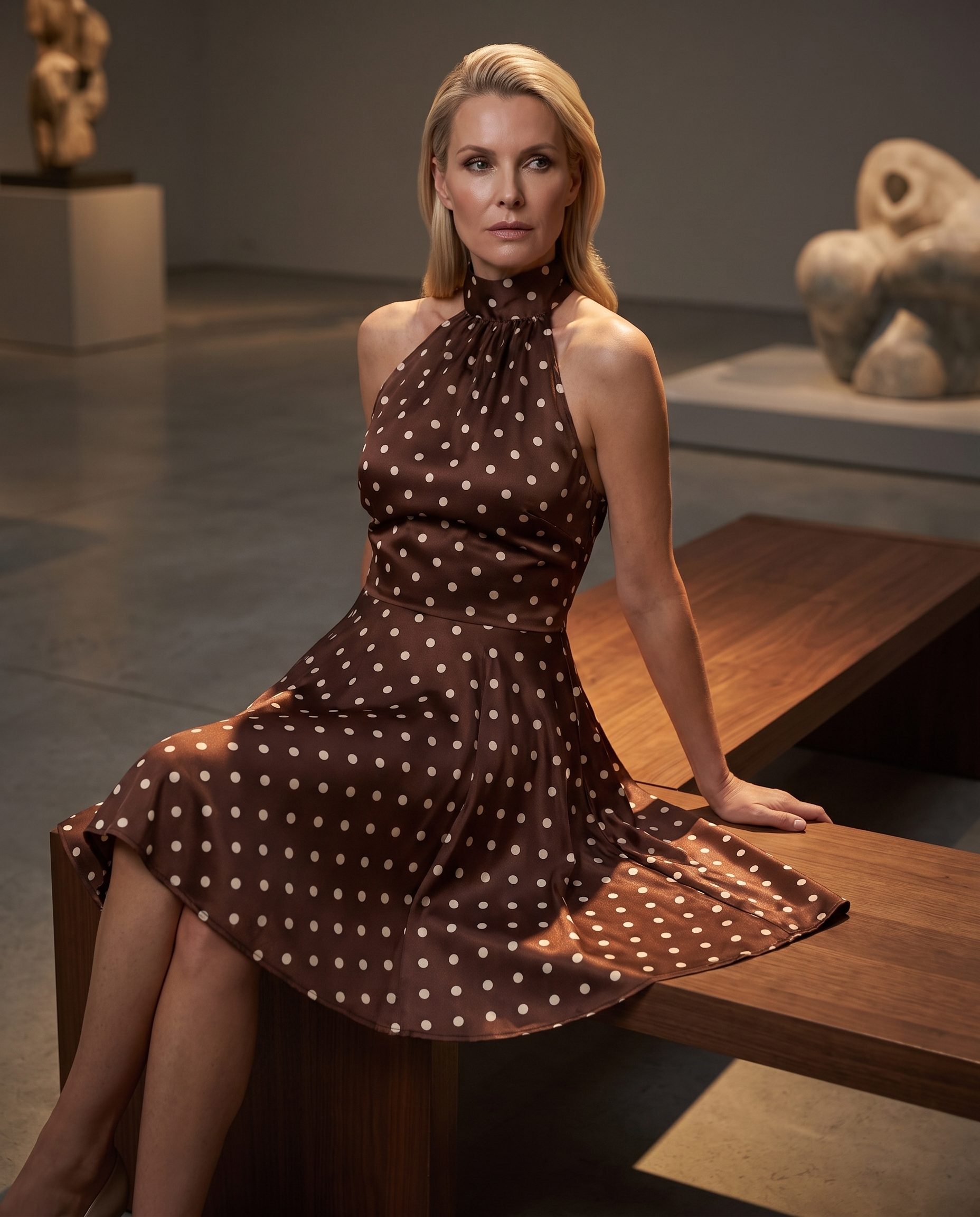 Brown polka-dot cocktail dress styled in a seated editorial gallery frame.