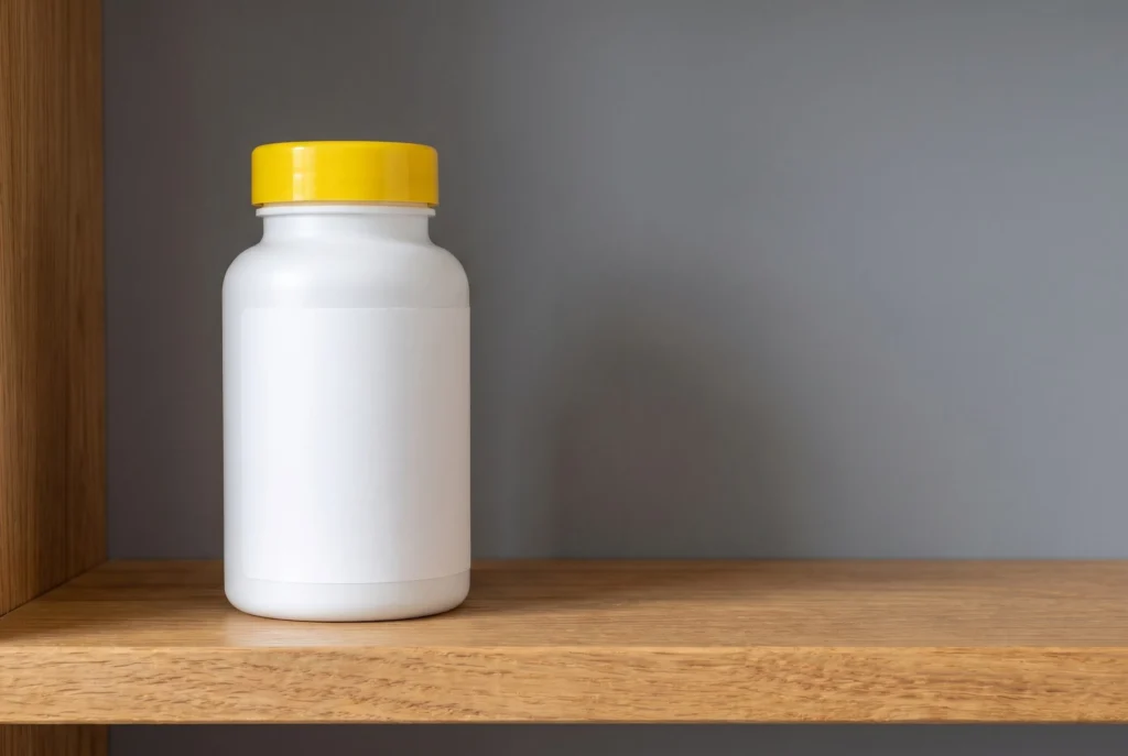 White bottle with a smooth yellow cap on an oak shelf against a grey kitchen cupboard.