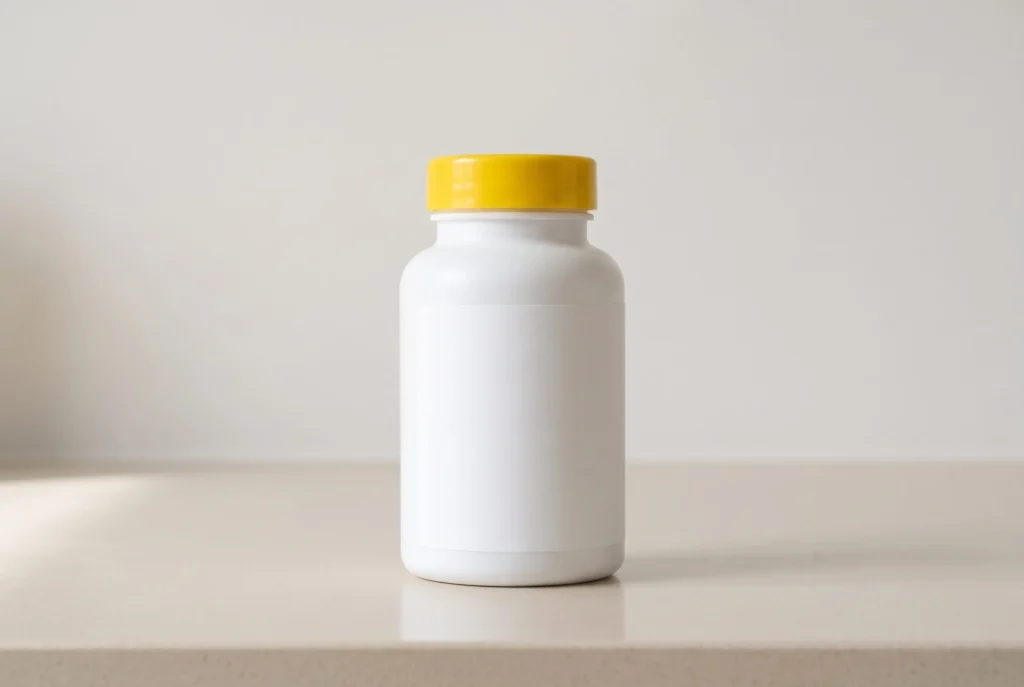 Bouteille blanche avec un bouchon jaune lisse posée sur un comptoir de cuisine en pierre claire, baignée par la lumière naturelle du jour.