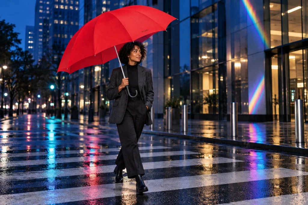 Dark-haired woman holding a red PLUVI umbrella on a city crosswalk at blue hour