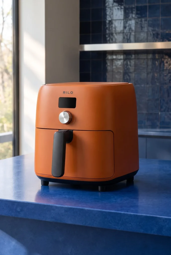 Complete orange air fryer in a closer cobalt-kitchen composition, generated with Fotogenic AI